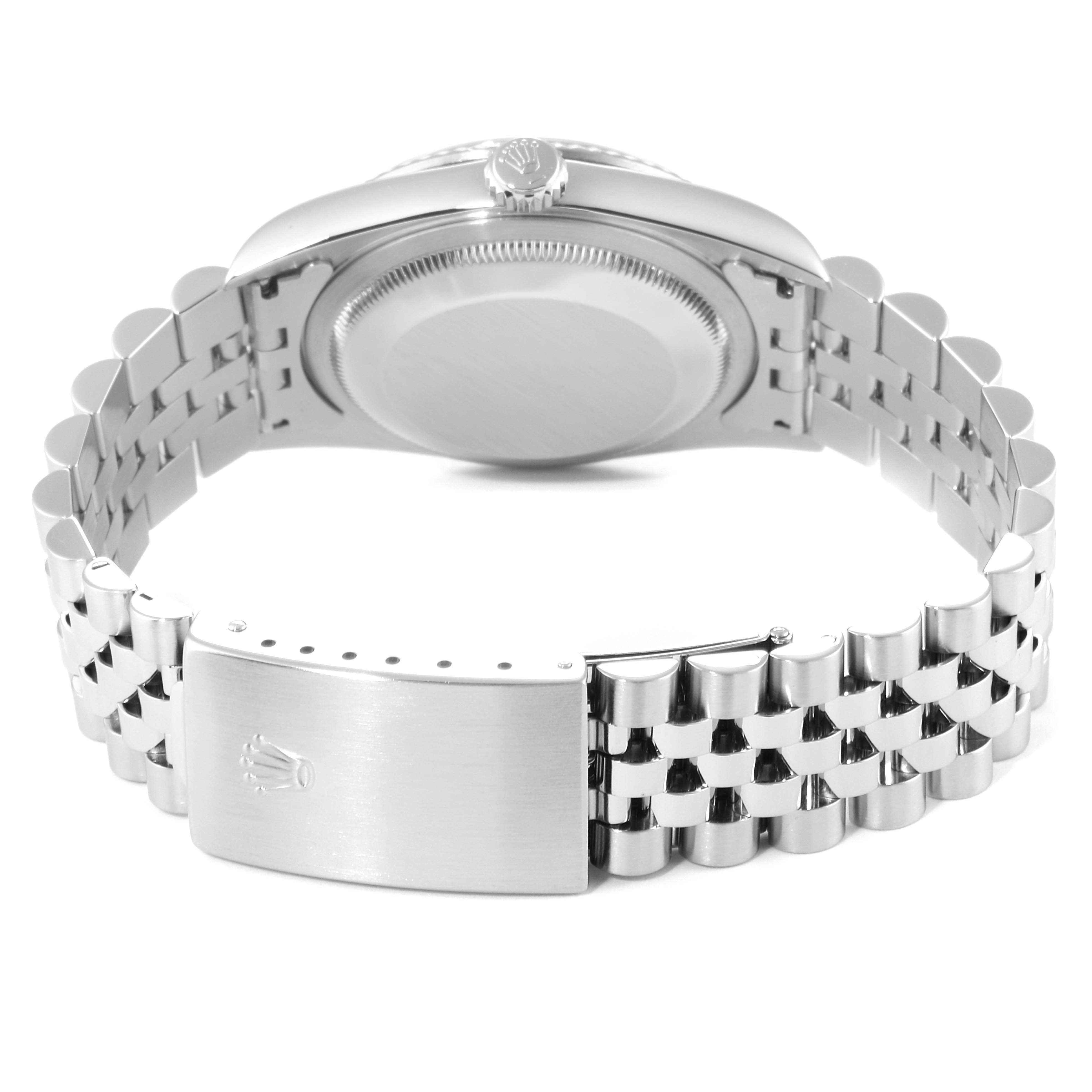 The image shows the back view of a Rolex Datejust 16234 Men's Stainless Steel Blue Dial 16234 Men's Stainless Steel Blue Dial watch, highlighting its case back, bracelet links, and clasp.