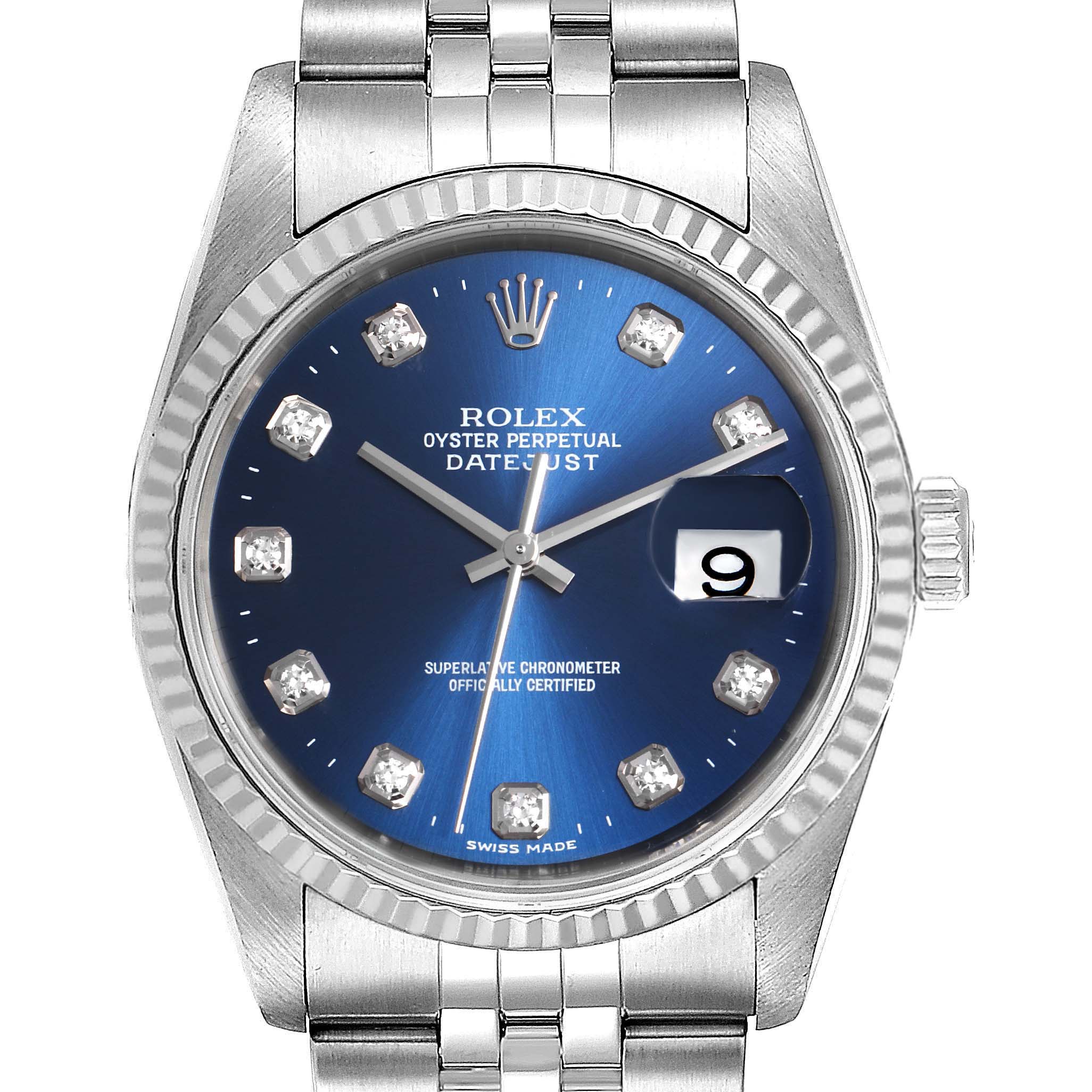 The image shows a front view of the Rolex Datejust 16234 Men's Stainless Steel Blue Dial 16234 Men's Stainless Steel Blue Dial watch, including the face, dial, bezel, and part of the bracelet.