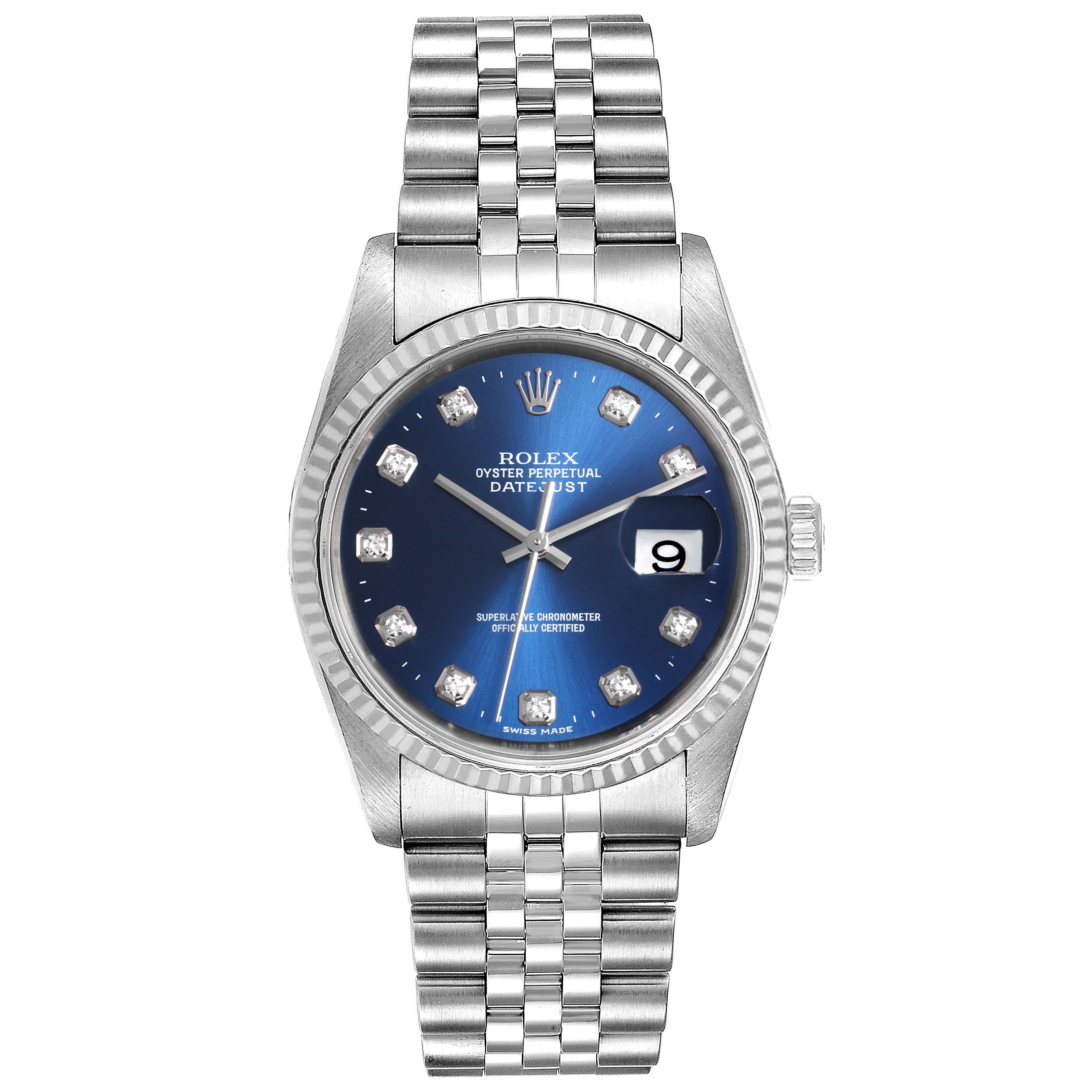 The image shows the front view of a Rolex Datejust 16234 Men's Stainless Steel Blue Dial 16234 Men's Stainless Steel Blue Dial watch, highlighting the blue dial, jubilee bracelet, and date window at 3 o'clock.