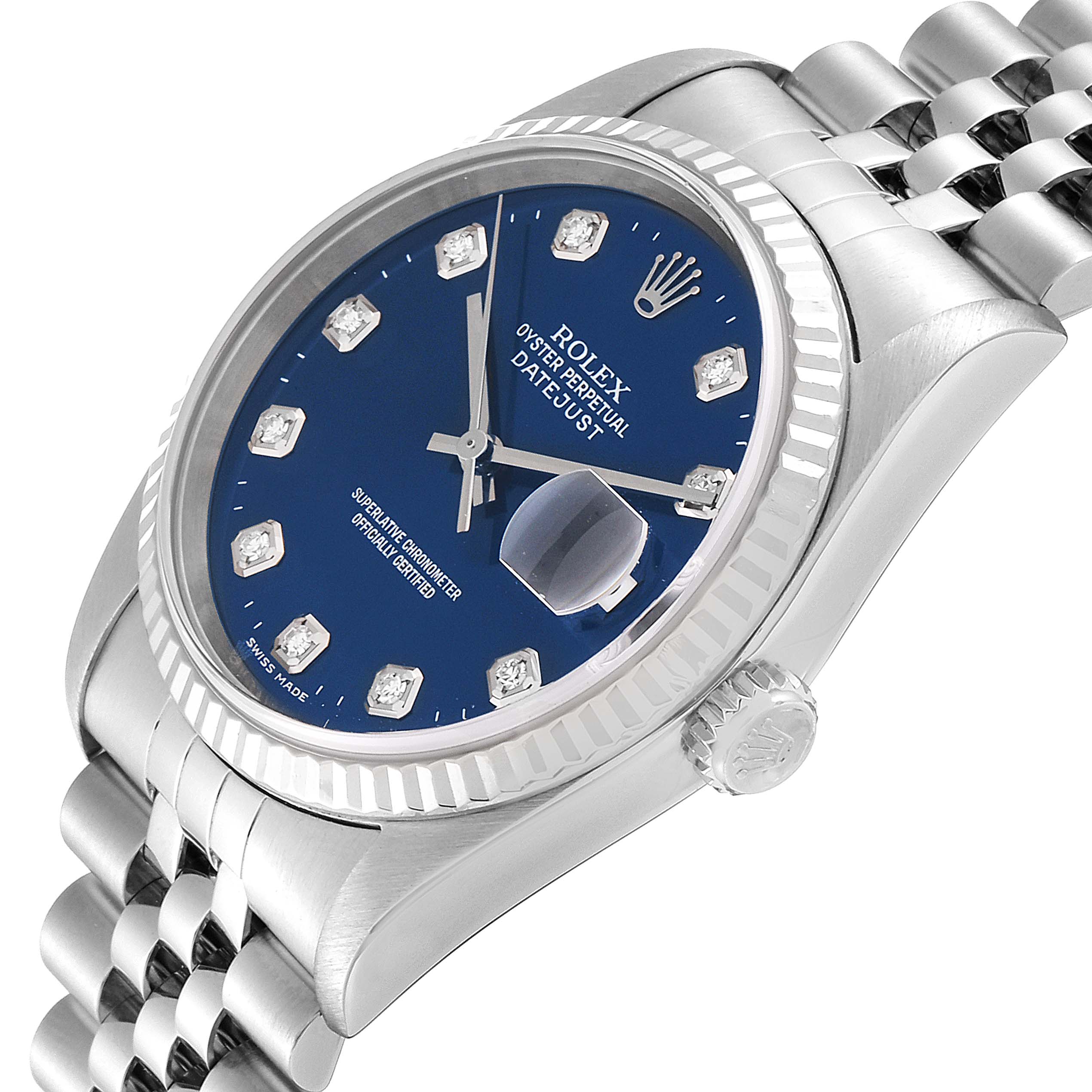 The image shows a close-up angled view of a Rolex Datejust 16234 Men's Stainless Steel Blue Dial 16234 Men's Stainless Steel Blue Dial watch, highlighting the blue dial, bezel, crown, and part of the bracelet.