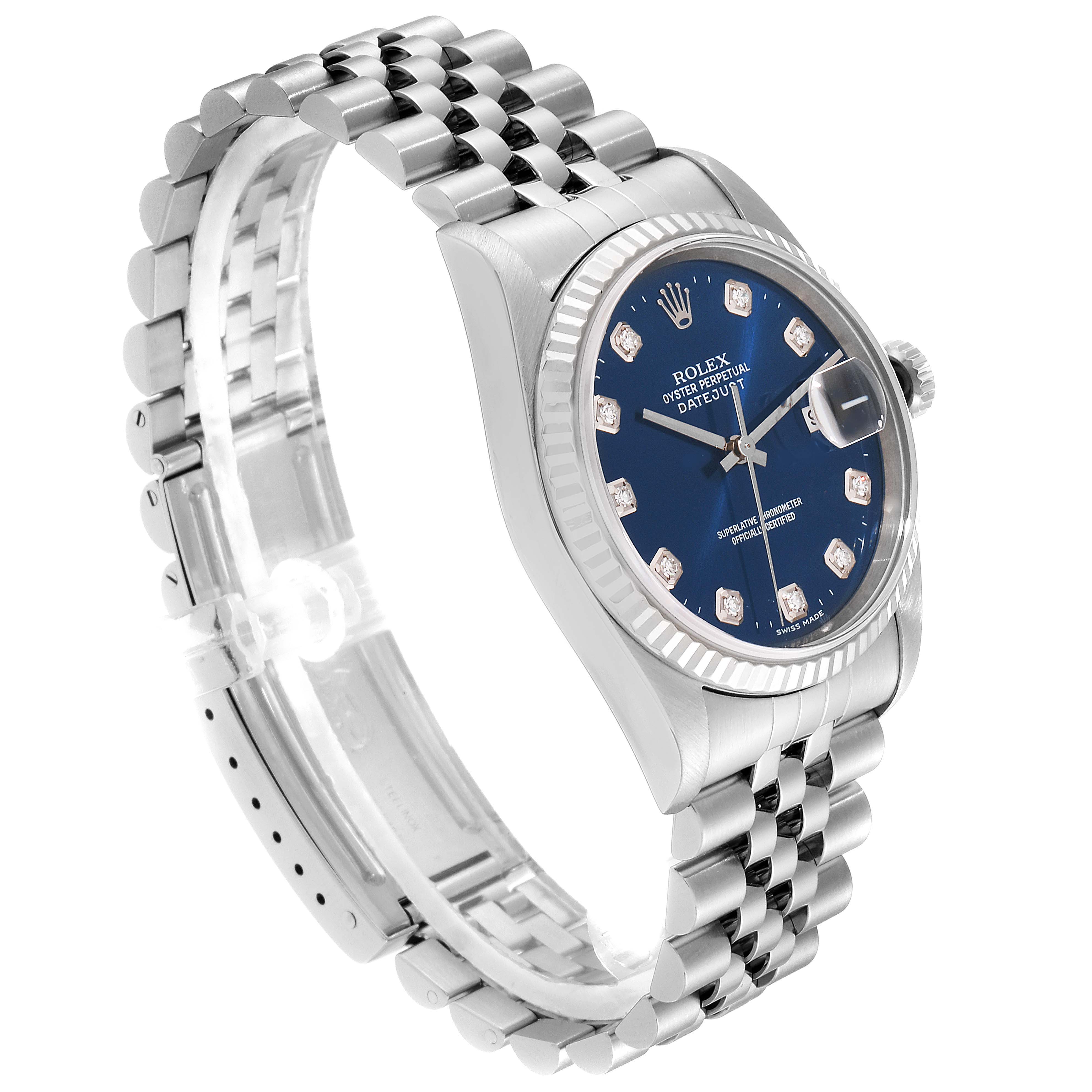 The Rolex Datejust 16234 Men's Stainless Steel Blue Dial 16234 Men's Stainless Steel Blue Dial watch is shown from a slight side angle, featuring its dial, bezel, bracelet, and crown.