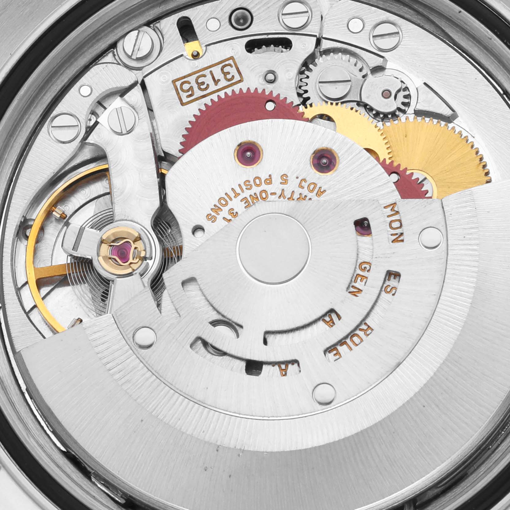 This is a close-up view of the Rolex Datejust 16233 Men's Steel and Gold (two tone) Black Dial 16233 Men's Steel and Gold (two tone) Black Dial watch's movement, showcasing its intricate internal components and gears.