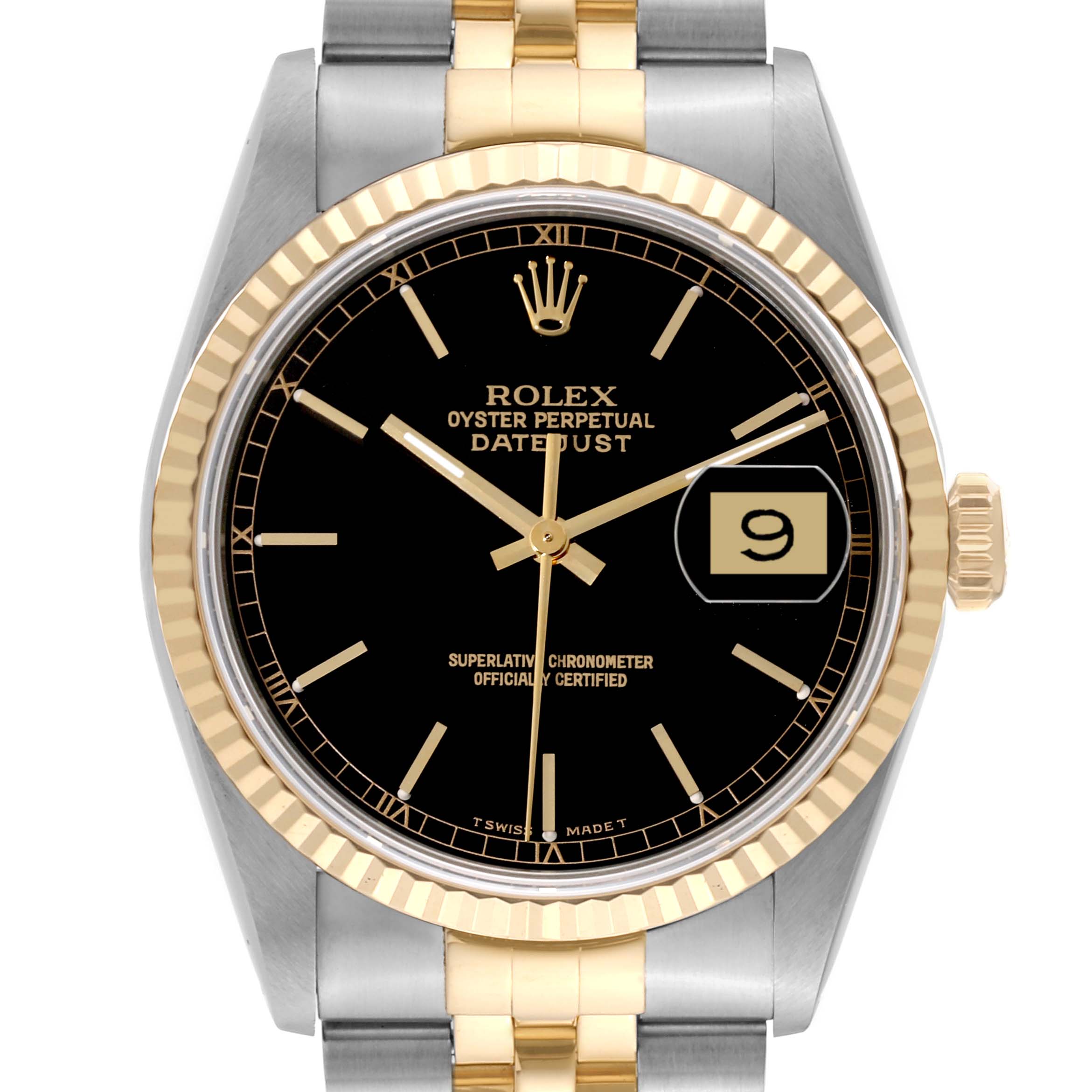 This image shows the front view of a Rolex Datejust 16233 Men's Steel and Gold (two tone) Black Dial 16233 Men's Steel and Gold (two tone) Black Dial watch, featuring its black dial, gold hands, and stainless steel and gold bracelet.