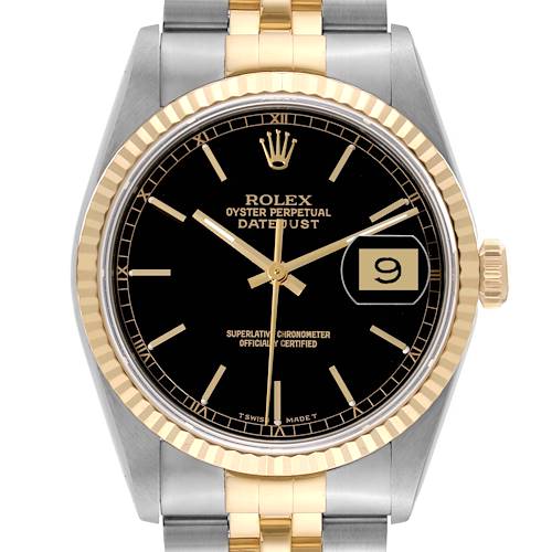 This image shows a frontal view of a Rolex Datejust watch, including its black dial, date window at 3 o'clock, and two-tone bracelet.