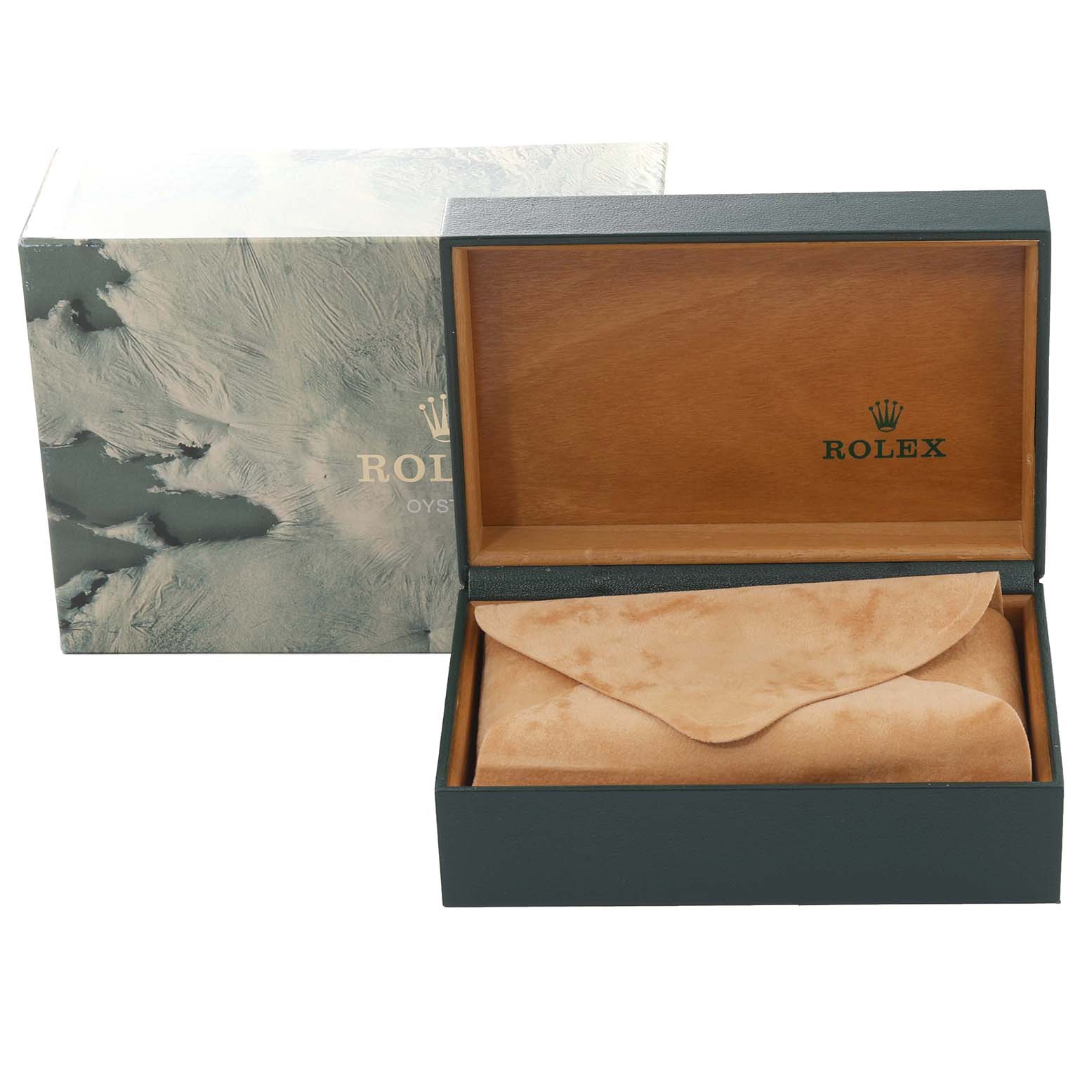 The image shows an open Rolex Datejust 16233 Men's Steel and Gold (two tone) Black Dial 16233 Men's Steel and Gold (two tone) Black Dial box from a high-angle, displaying the suede pouch inside.