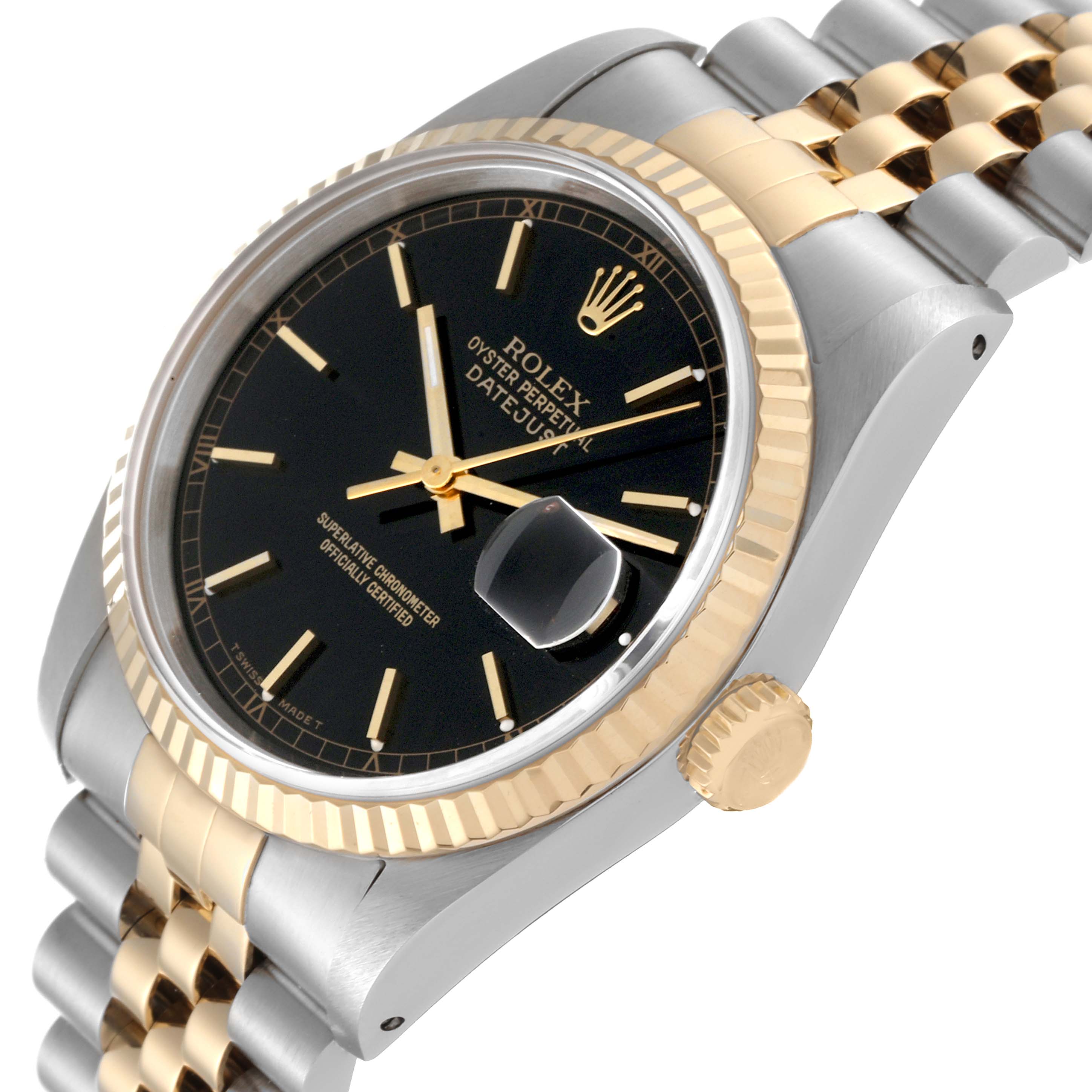 The image shows a side angle of the Rolex Datejust 16233 Men's Steel and Gold (two tone) Black Dial 16233 Men's Steel and Gold (two tone) Black Dial watch, featuring the crown, bezel, case, and part of the bracelet.