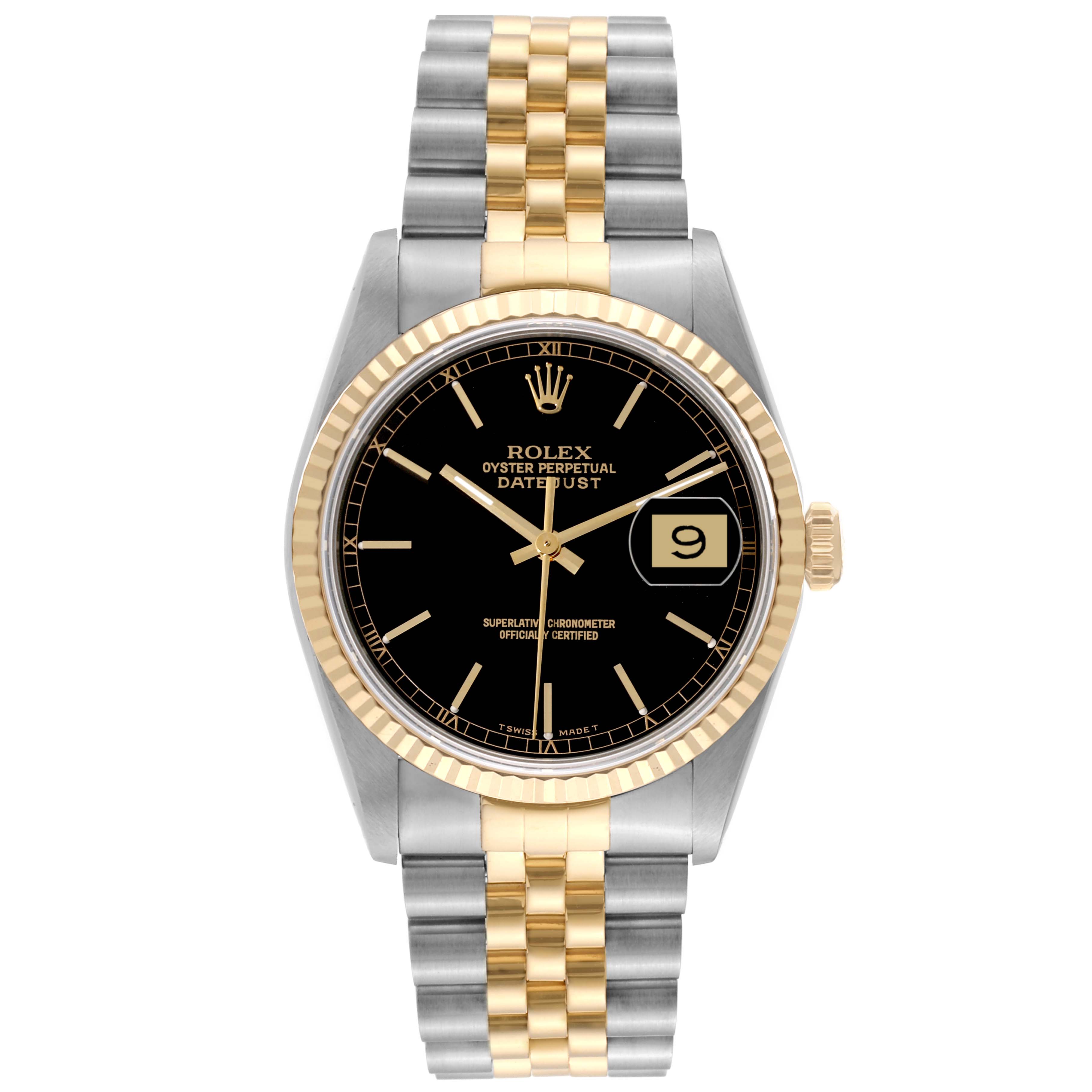 This image shows a front view of a Rolex Datejust 16233 Men's Steel and Gold (two tone) Black Dial 16233 Men's Steel and Gold (two tone) Black Dial watch with a black dial and two-tone bracelet.