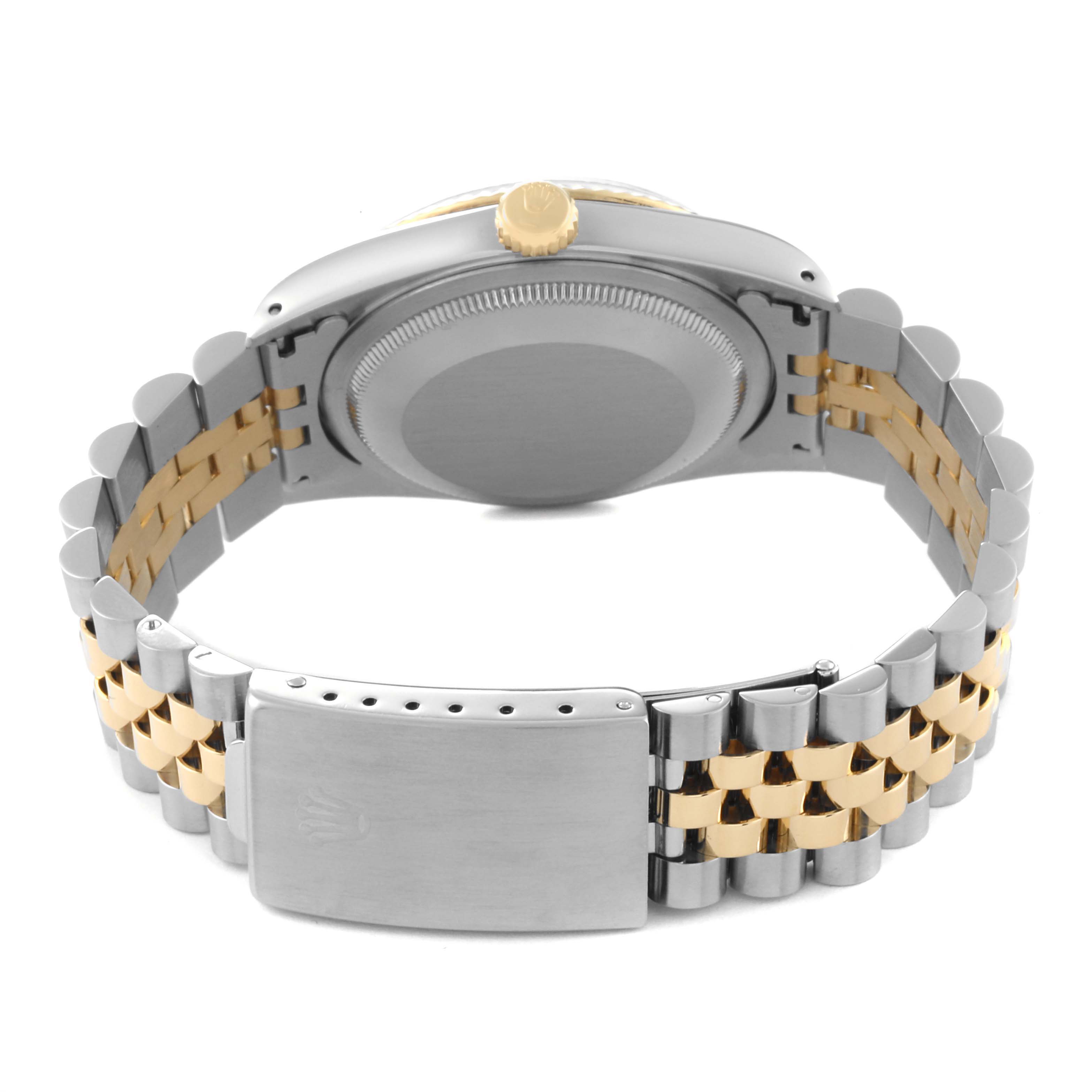 The image shows the back view of a Rolex Datejust 16233 Men's Steel and Gold (two tone) Black Dial 16233 Men's Steel and Gold (two tone) Black Dial watch, highlighting the clasp and two-tone bracelet.