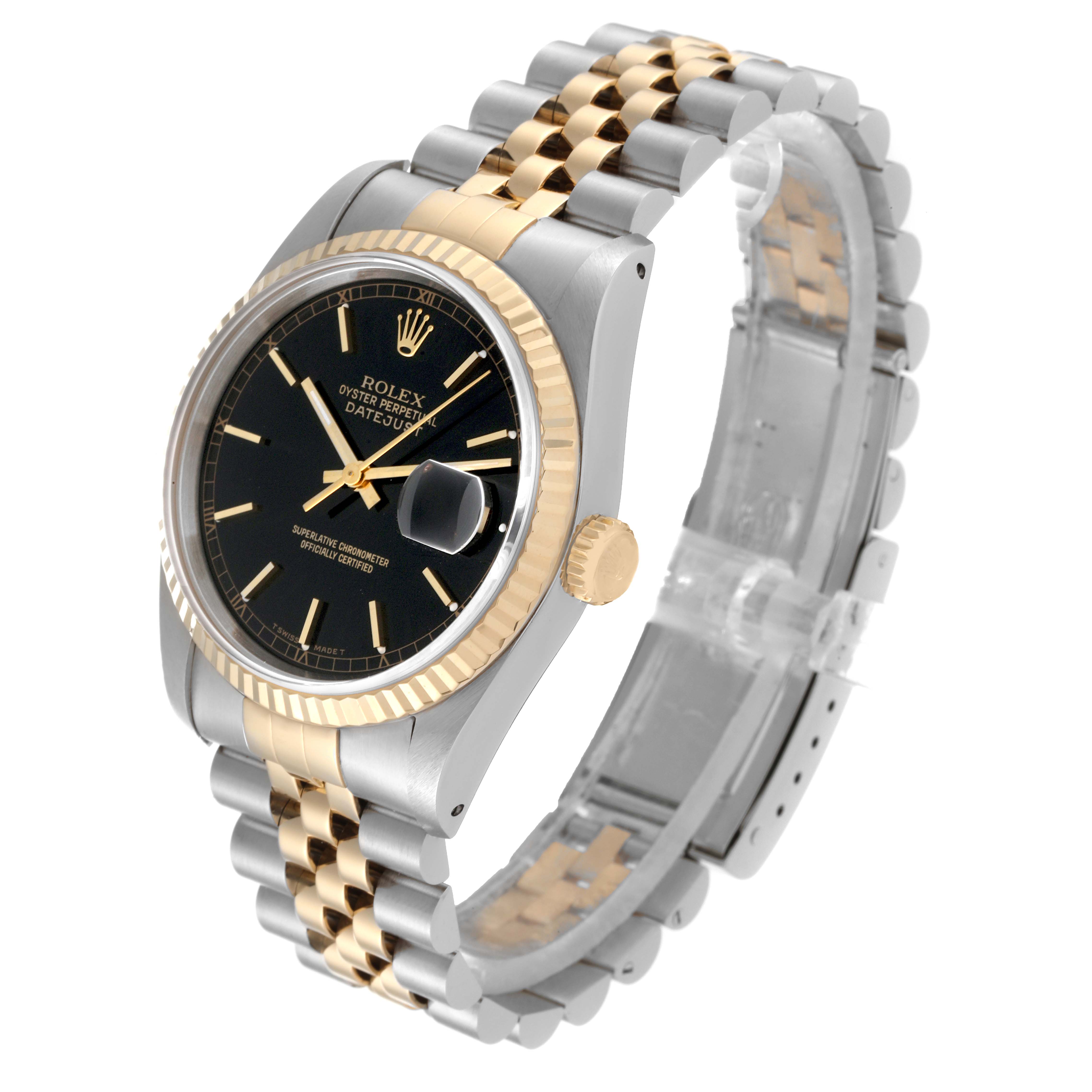 The Rolex Datejust 16233 Men's Steel and Gold (two tone) Black Dial 16233 Men's Steel and Gold (two tone) Black Dial watch is shown at a three-quarter angle, displaying the face, bracelet, bezel, and crown.