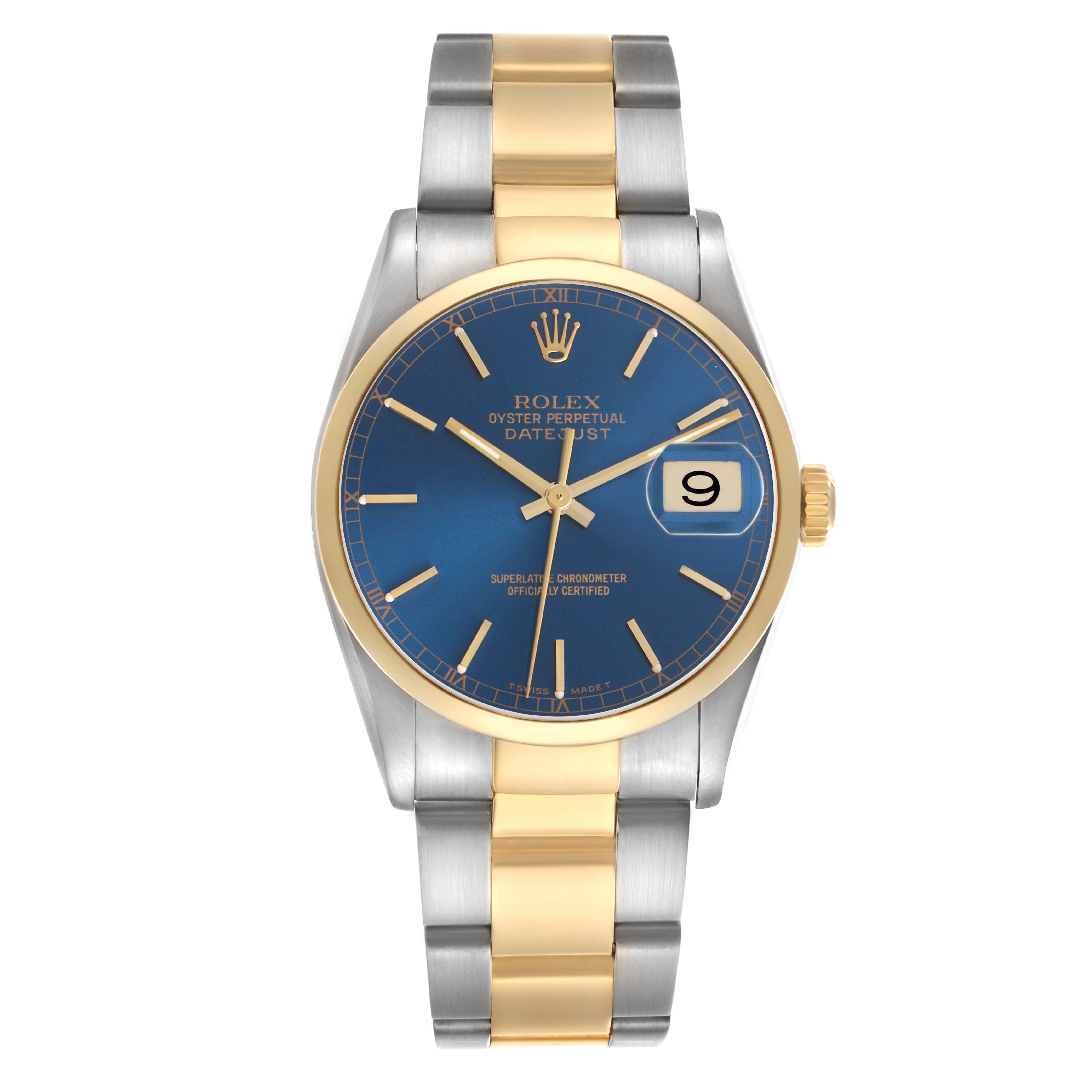 The Rolex Datejust 16203 Men's Steel and Gold (two tone) Blue Dial watch is shown from the front, displaying the dial, bezel, bracelet, and crown.