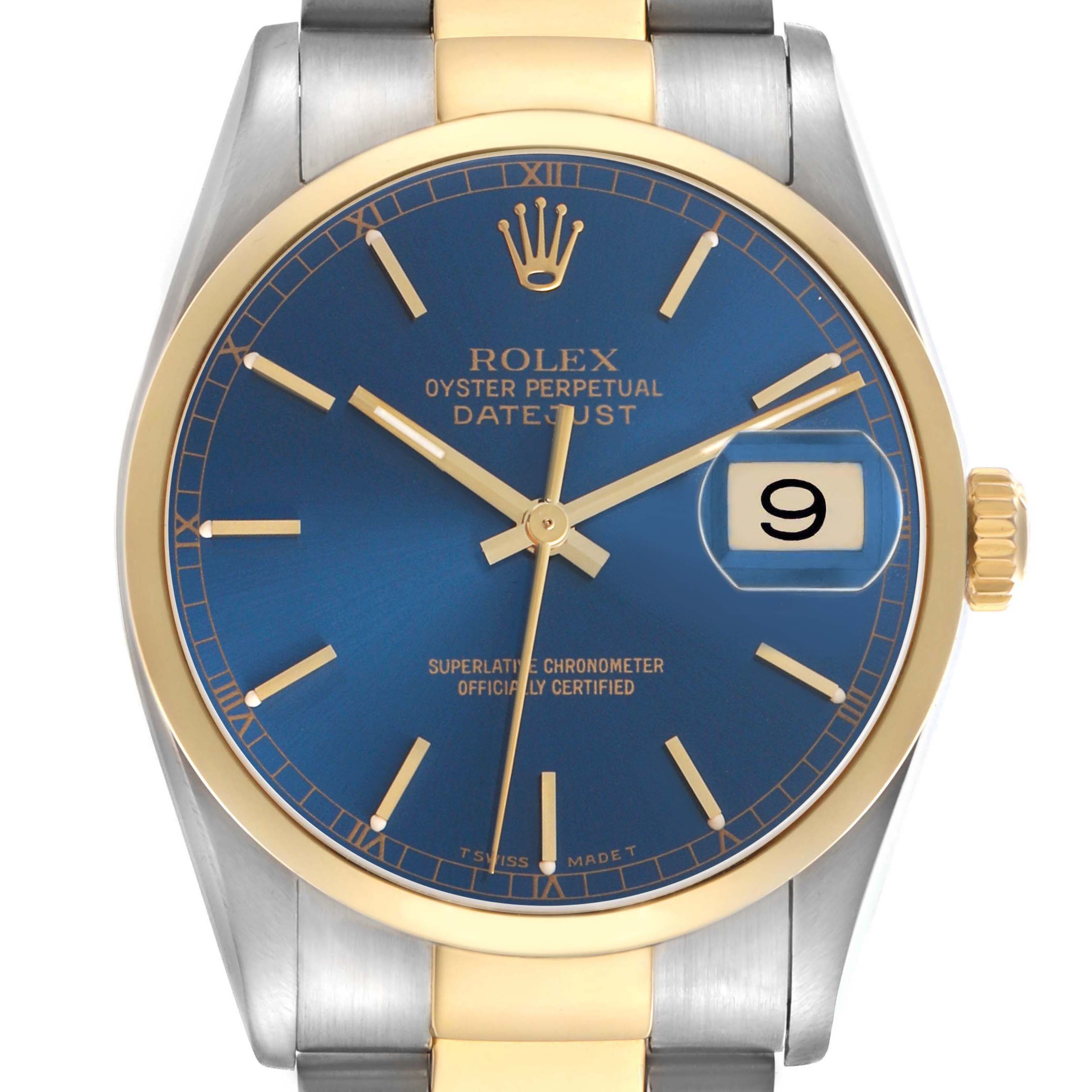 The Rolex Datejust 16203 Men's Steel and Gold (two tone) Blue Dial watch is shown from the front, highlighting the blue dial, gold bezel, and two-tone bracelet.