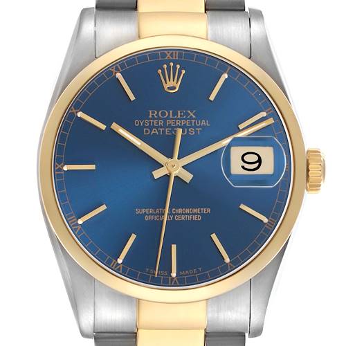 The Rolex Datejust 16203 Men's Steel and Gold (two tone) Blue Dial is shown from a front angle, highlighting the blue dial, gold bezel, and date at 3 o'clock.