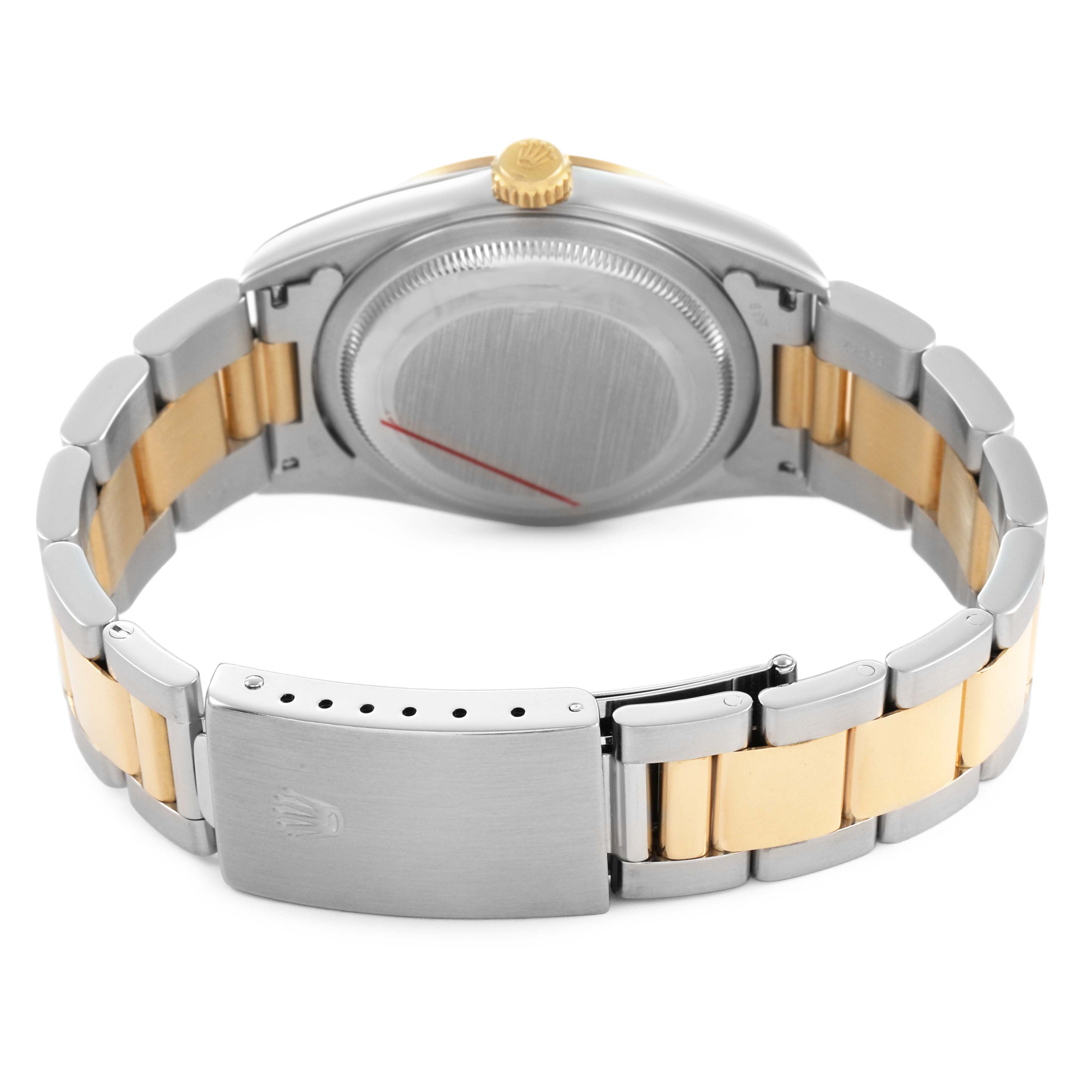 The image shows the back view of a Rolex Datejust 16203 Men's Steel and Gold (two tone) Blue Dial watch, highlighting its two-tone bracelet and case back.