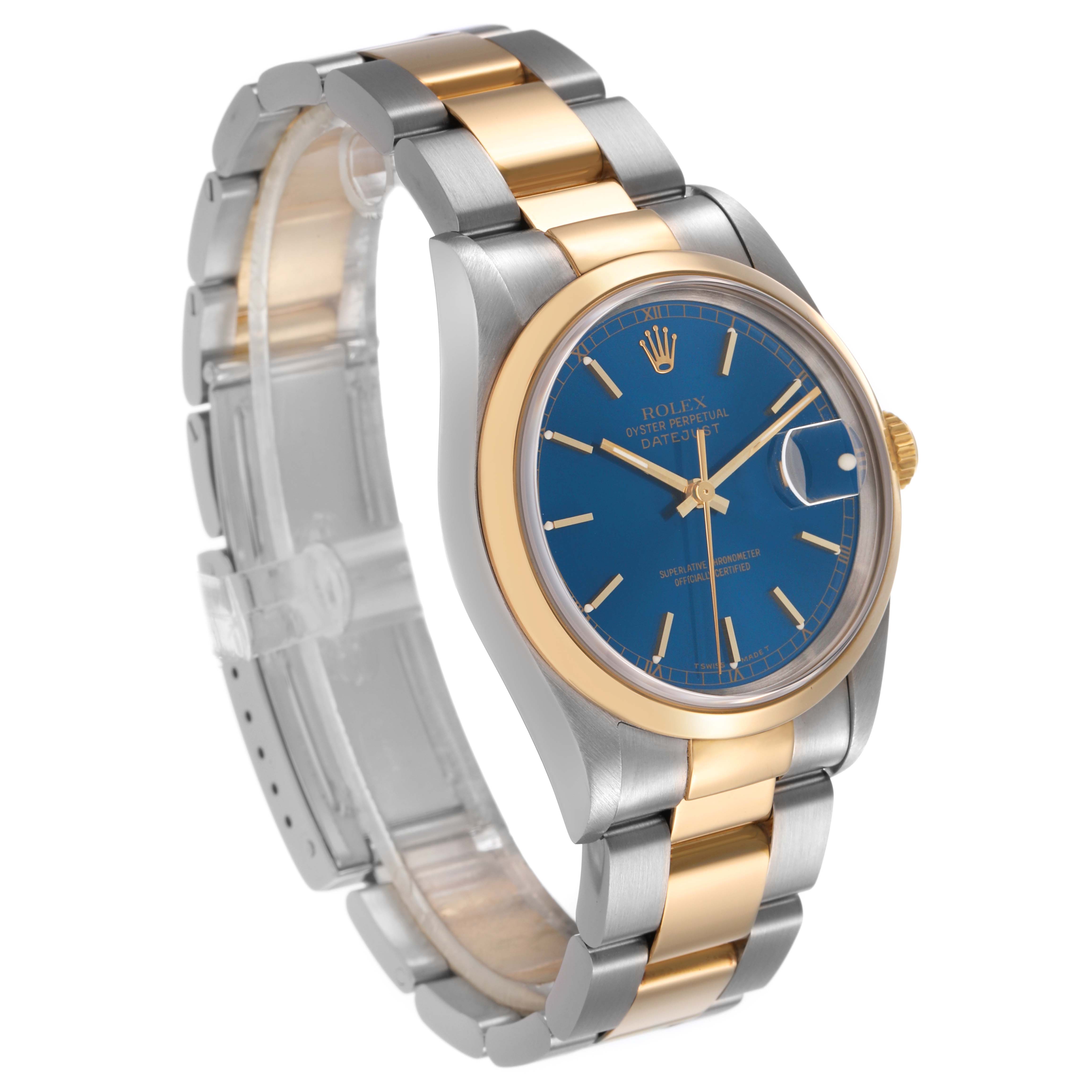 The Rolex Datejust 16203 Men's Steel and Gold (two tone) Blue Dial watch is shown from a three-quarter angle, highlighting the bezel, dial, and bracelet with gold accents.
