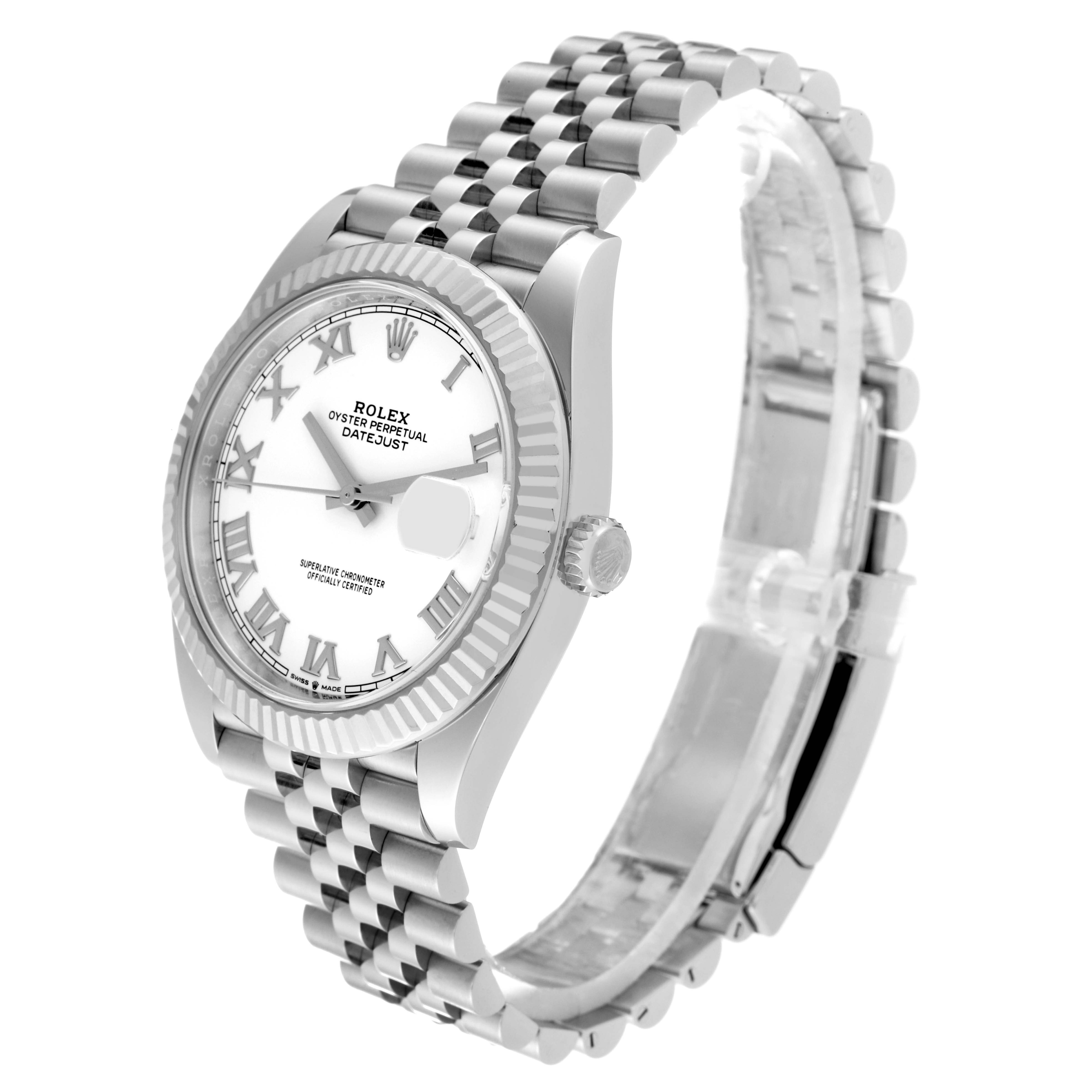 The Rolex Datejust 41 126334 Men's Steel and Gold (two tone) White Dial 126334 Men's Steel and Gold (two tone) White Dial is shown from a three-quarter angle, highlighting the dial, bezel, crown, and jubilee bracelet.