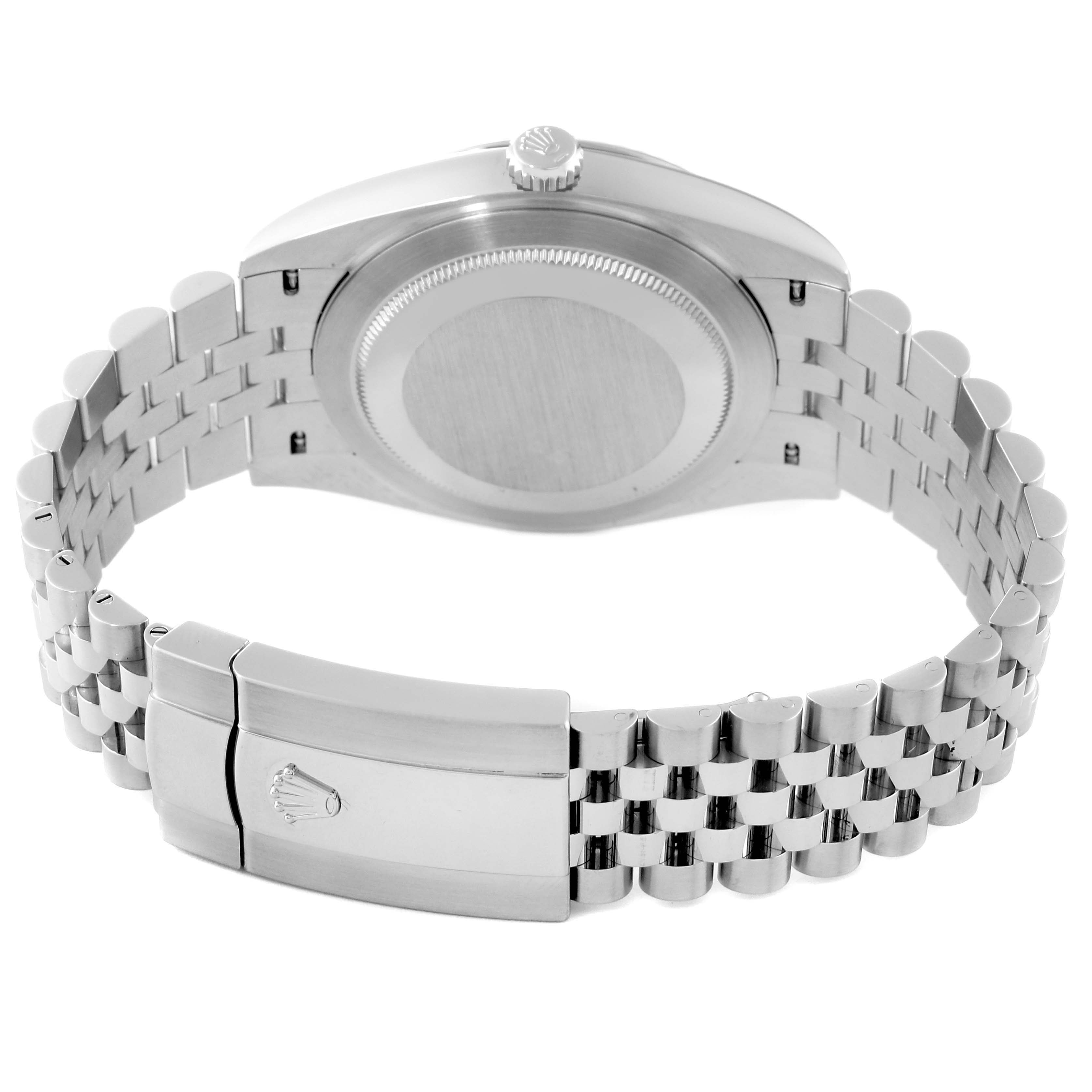 The image shows the back view of a Rolex Datejust 41 126334 Men's Steel and Gold (two tone) White Dial 126334 Men's Steel and Gold (two tone) White Dial watch, featuring its case, crown, and Jubilee bracelet with a clasp.