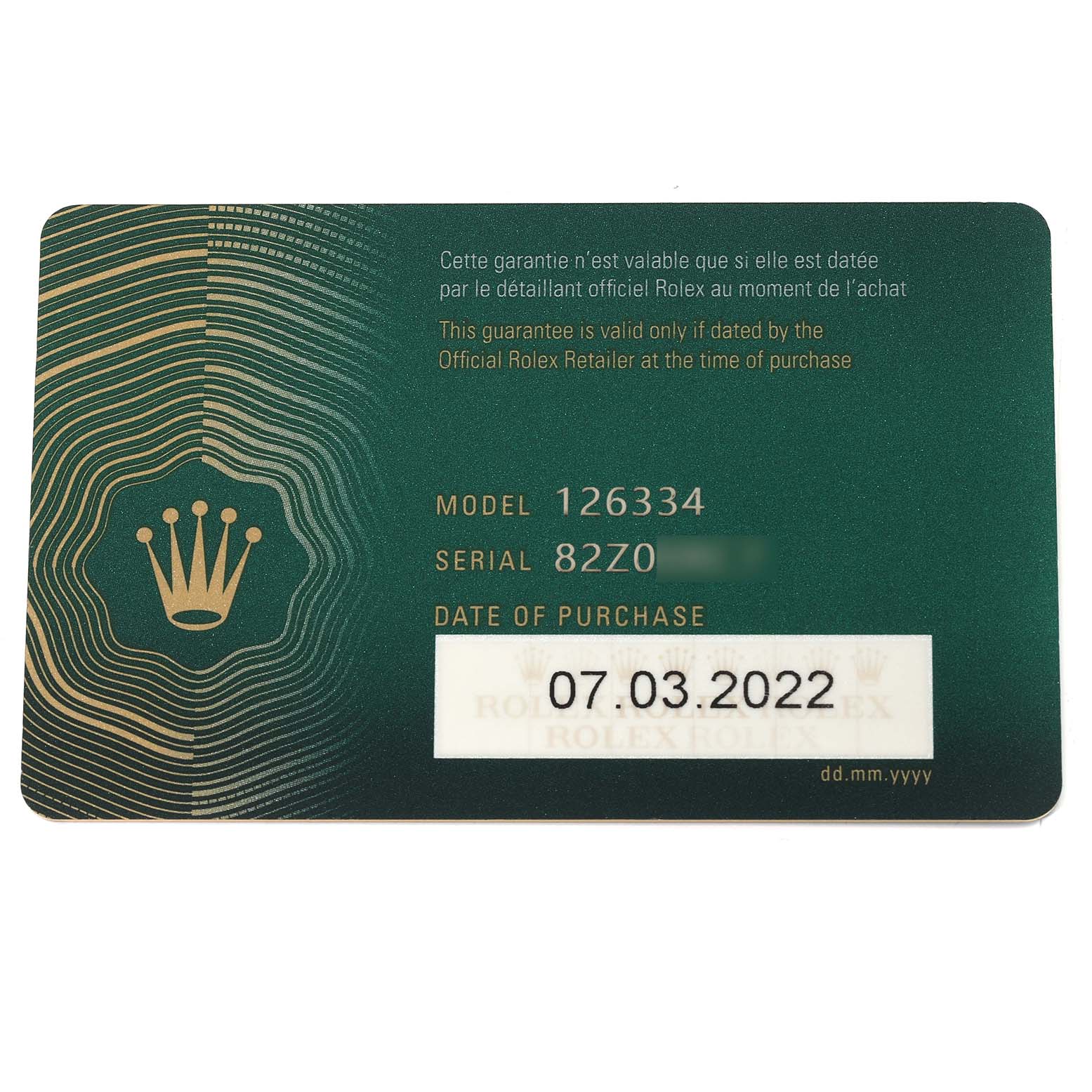 This image shows the warranty card for a Rolex Datejust 41 126334 Men's Steel and Gold (two tone) White Dial 126334 Men's Steel and Gold (two tone) White Dial model, including the model number, serial number, and date of purchase.