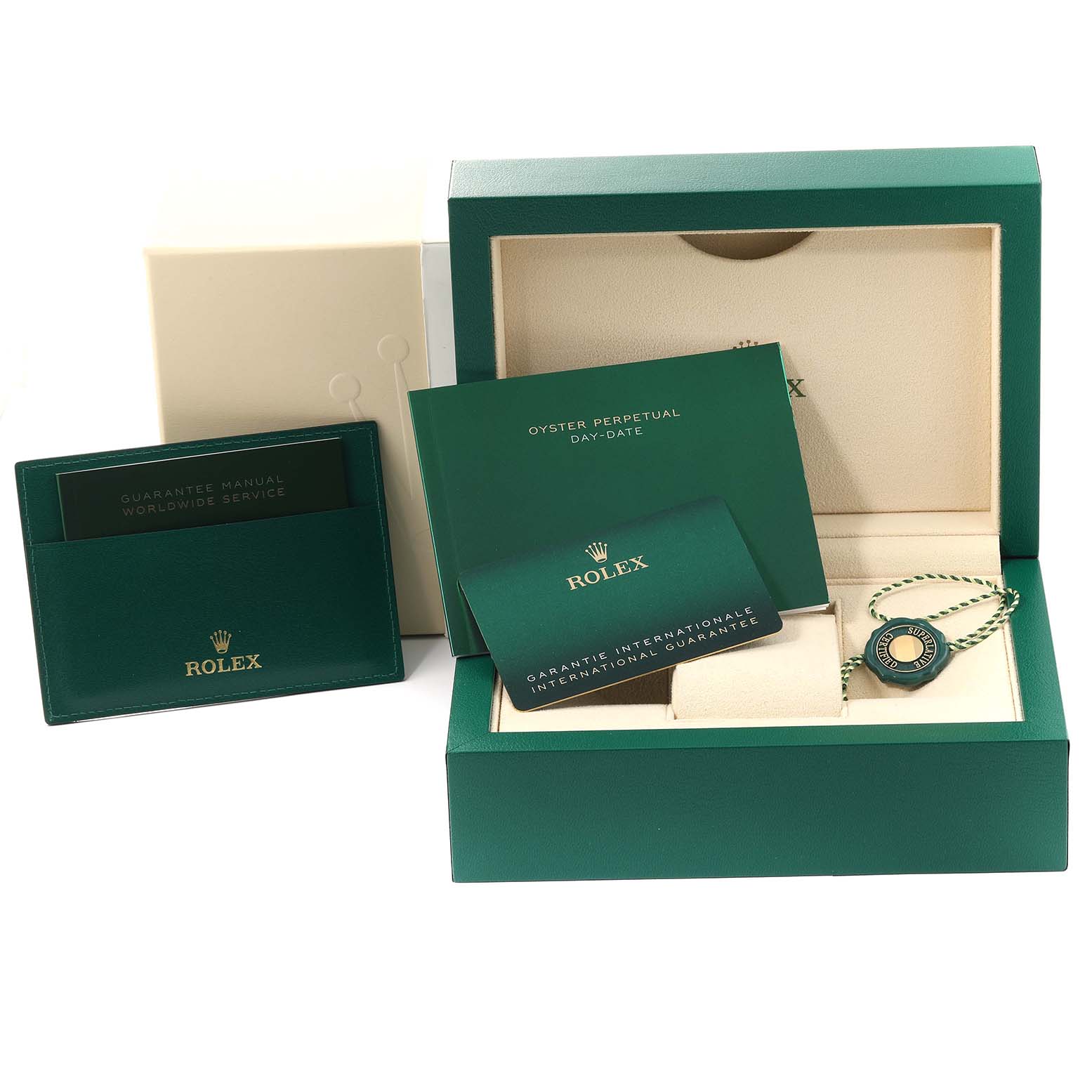 The image shows the packaging, international guarantee cards, and manuals for a Rolex Datejust 41 126334 Men's Steel and Gold (two tone) White Dial 126334 Men's Steel and Gold (two tone) White Dial model.