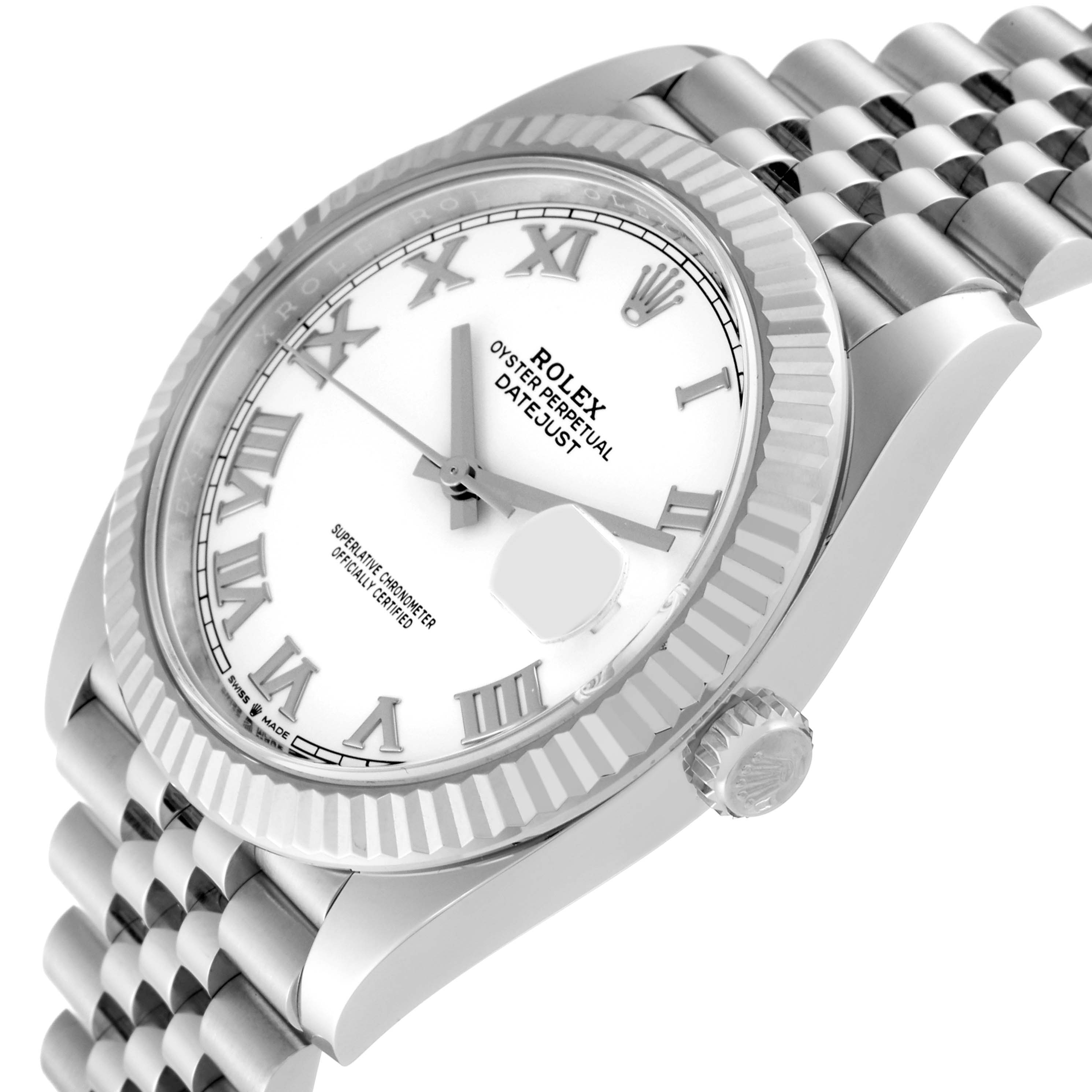 This image shows a Rolex Datejust 41 126334 Men's Steel and Gold (two tone) White Dial 126334 Men's Steel and Gold (two tone) White Dial watch from a side angle, displaying its white dial, fluted bezel, Roman numerals, and jubilee bracelet.