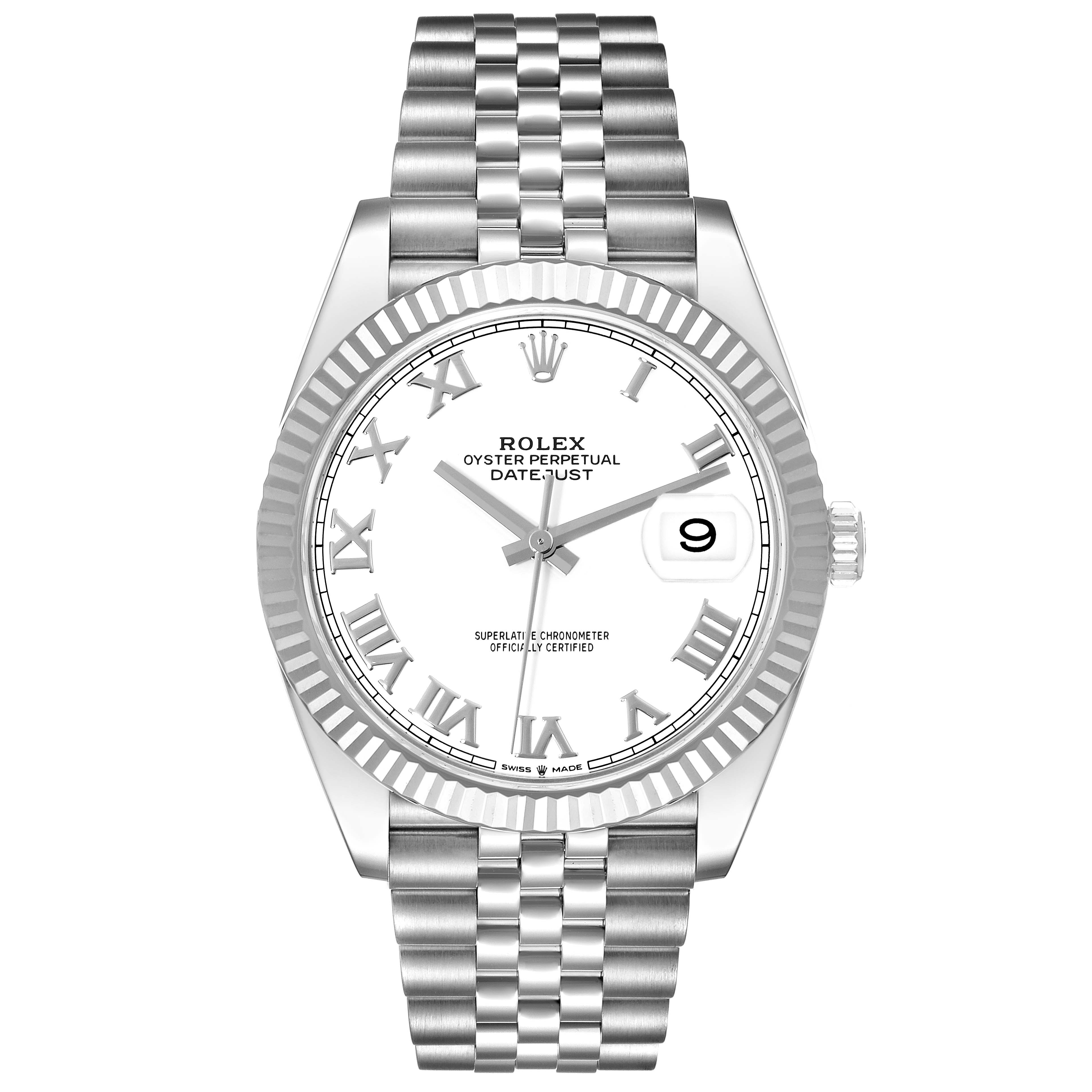 The image shows a front view of the Rolex Datejust 41 126334 Men's Steel and Gold (two tone) White Dial 126334 Men's Steel and Gold (two tone) White Dial watch, highlighting its white dial, fluted bezel, and Jubilee bracelet.