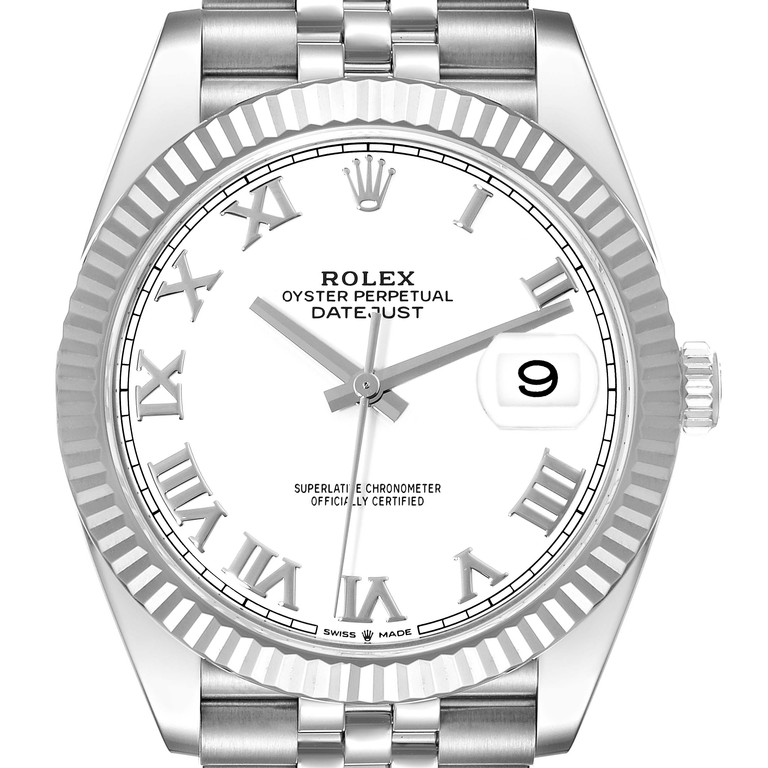 The image shows a front view of a Rolex Datejust 41 126334 Men's Steel and Gold (two tone) White Dial 126334 Men's Steel and Gold (two tone) White Dial watch with a white dial, Roman numerals, fluted bezel, and jubilee bracelet.