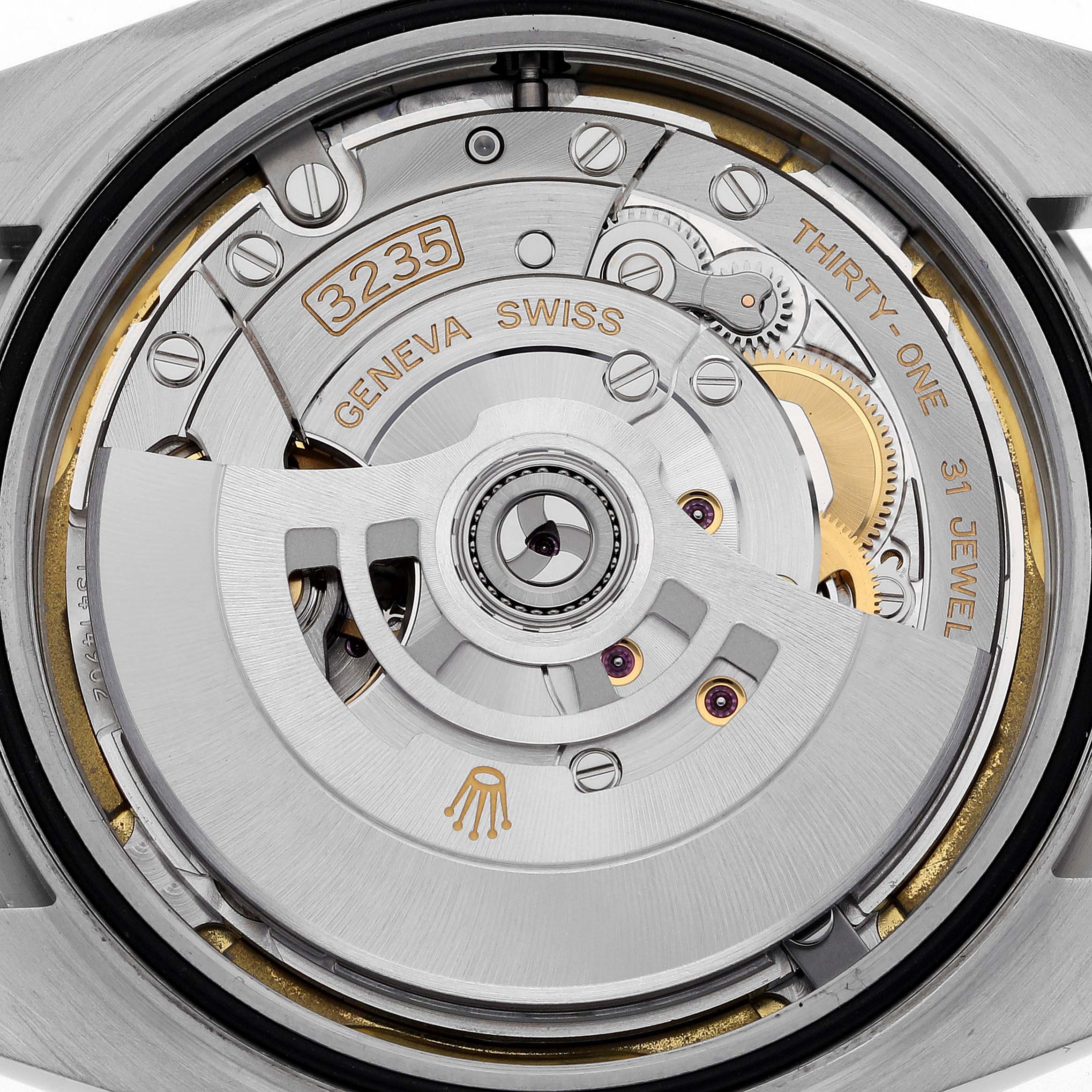 The image shows the movement or the internal mechanism of the Rolex Datejust 41 126334 Men's Steel and Gold (two tone) White Dial 126334 Men's Steel and Gold (two tone) White Dial model from a close-up angle.