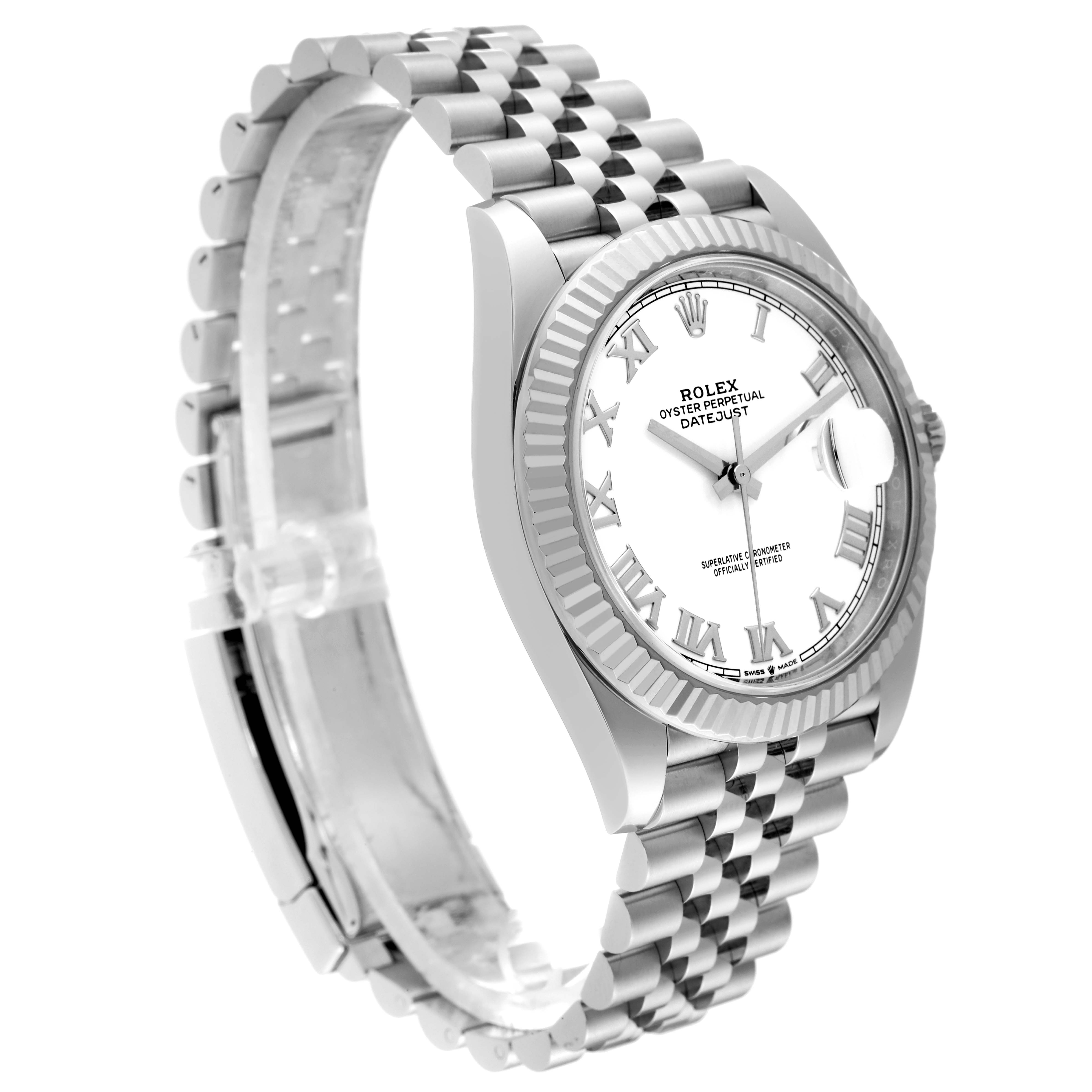 This image shows a side and front view of the Rolex Datejust 41 126334 Men's Steel and Gold (two tone) White Dial 126334 Men's Steel and Gold (two tone) White Dial watch, highlighting its bracelet and fluted bezel.