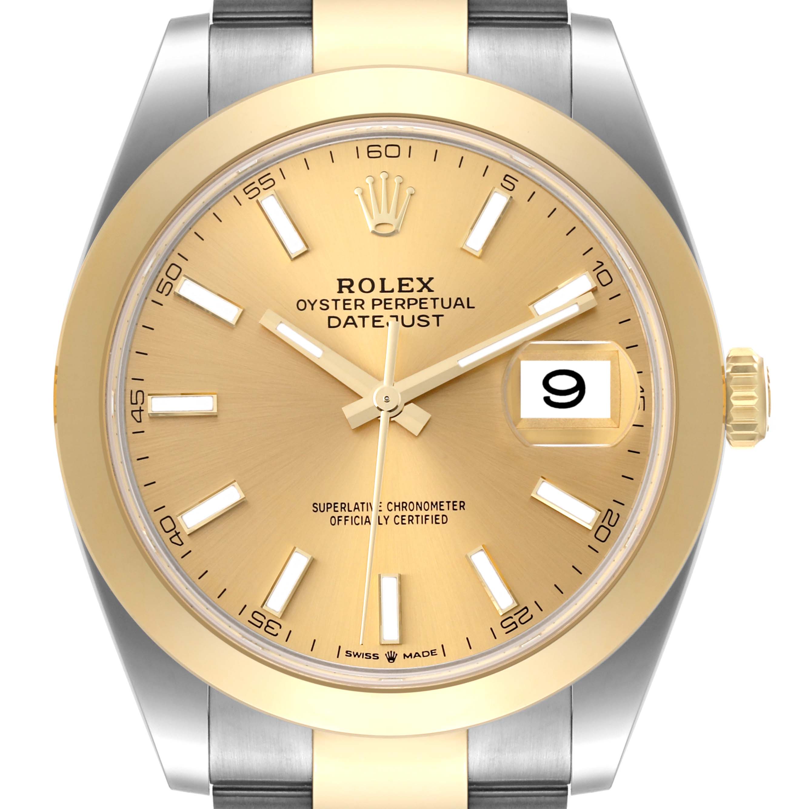 This image shows a close-up of the dial and bezel of a Rolex Datejust 41 126303 Men's Steel and Gold (two tone) Champagne Dial 126303 Men's Steel and Gold (two tone) Champagne Dial watch, featuring gold and silver tones.