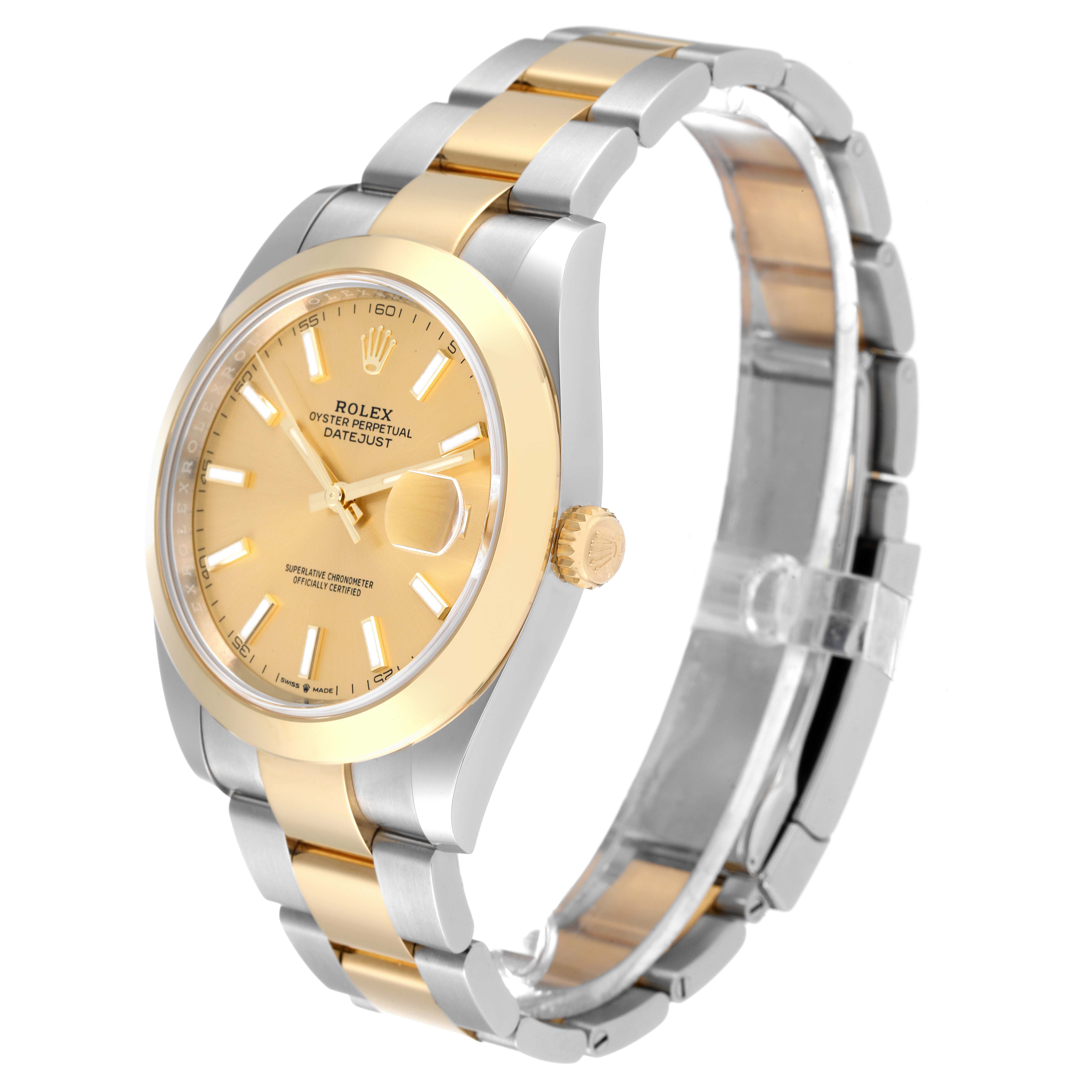 The image shows a Rolex Datejust 41 126303 Men's Steel and Gold (two tone) Champagne Dial 126303 Men's Steel and Gold (two tone) Champagne Dial watch at a three-quarter angle, highlighting its face, bezel, crown, and bracelet.