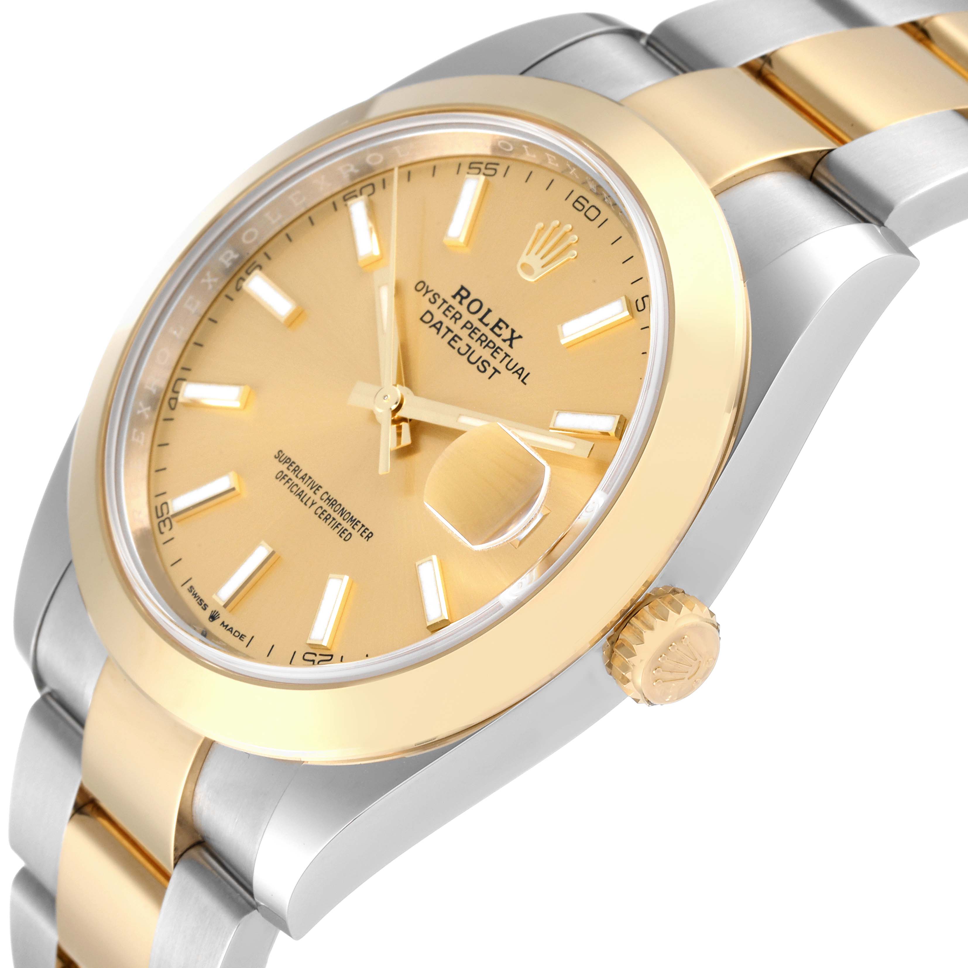 This image shows a side angle of the Rolex Datejust 41 126303 Men's Steel and Gold (two tone) Champagne Dial 126303 Men's Steel and Gold (two tone) Champagne Dial, highlighting the dial, bezel, crown, and bracelet.