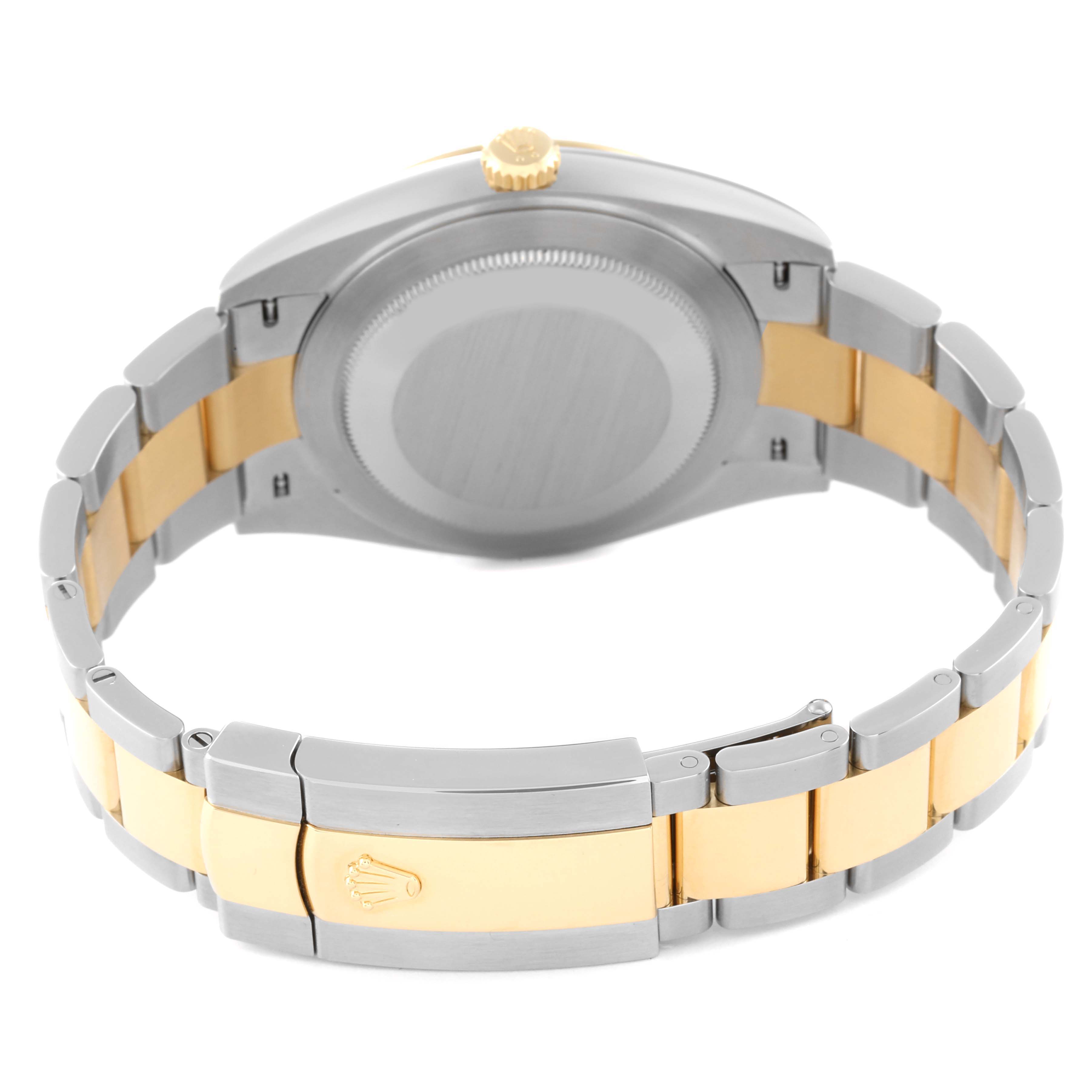 This image shows the back view of the Rolex Datejust 41 126303 Men's Steel and Gold (two tone) Champagne Dial 126303 Men's Steel and Gold (two tone) Champagne Dial watch revealing its bi-color bracelet and closed clasp.