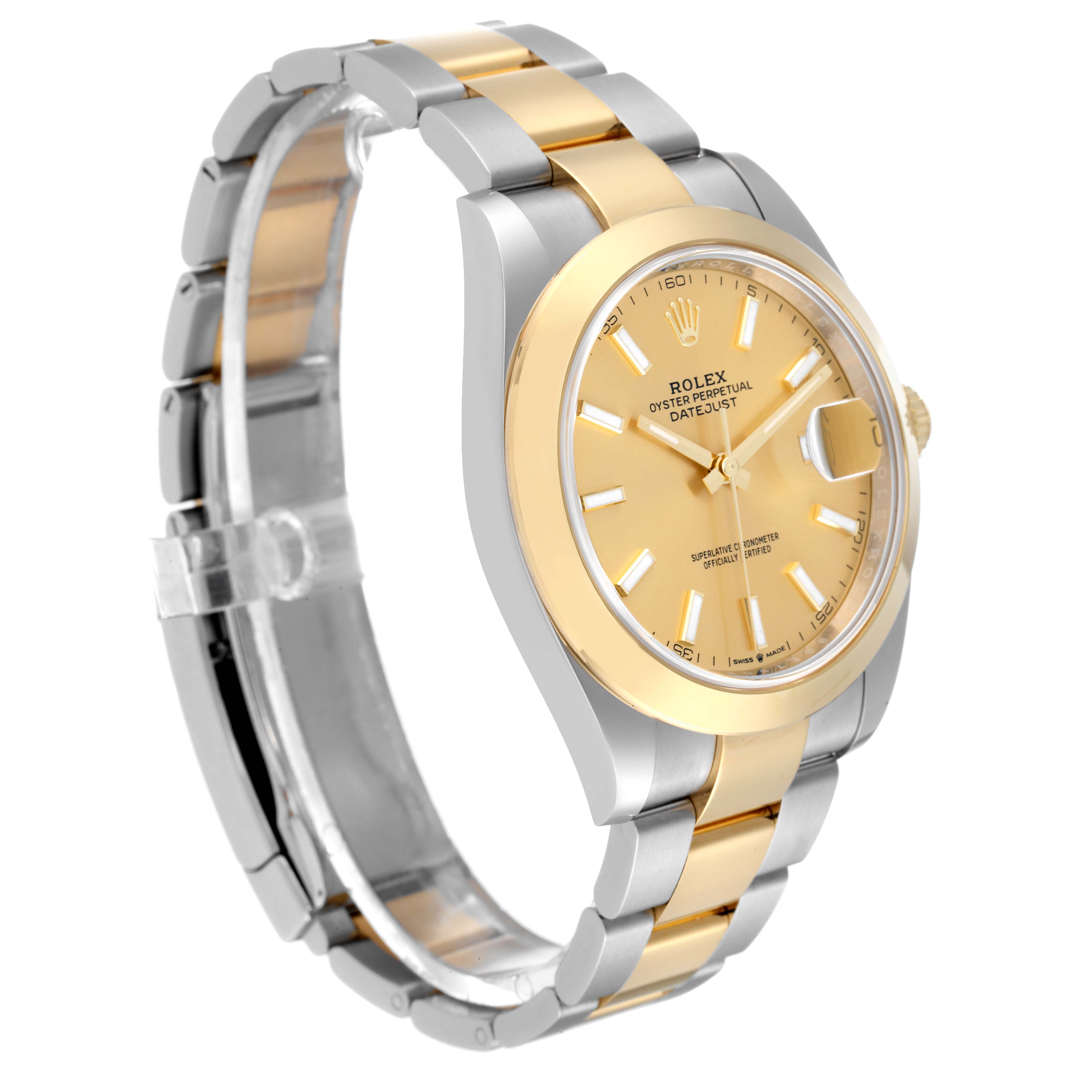 The image shows a side view of a Rolex Datejust 41 126303 Men's Steel and Gold (two tone) Champagne Dial 126303 Men's Steel and Gold (two tone) Champagne Dial watch, highlighting its gold and silver bracelet, bezel, and champagne dial.