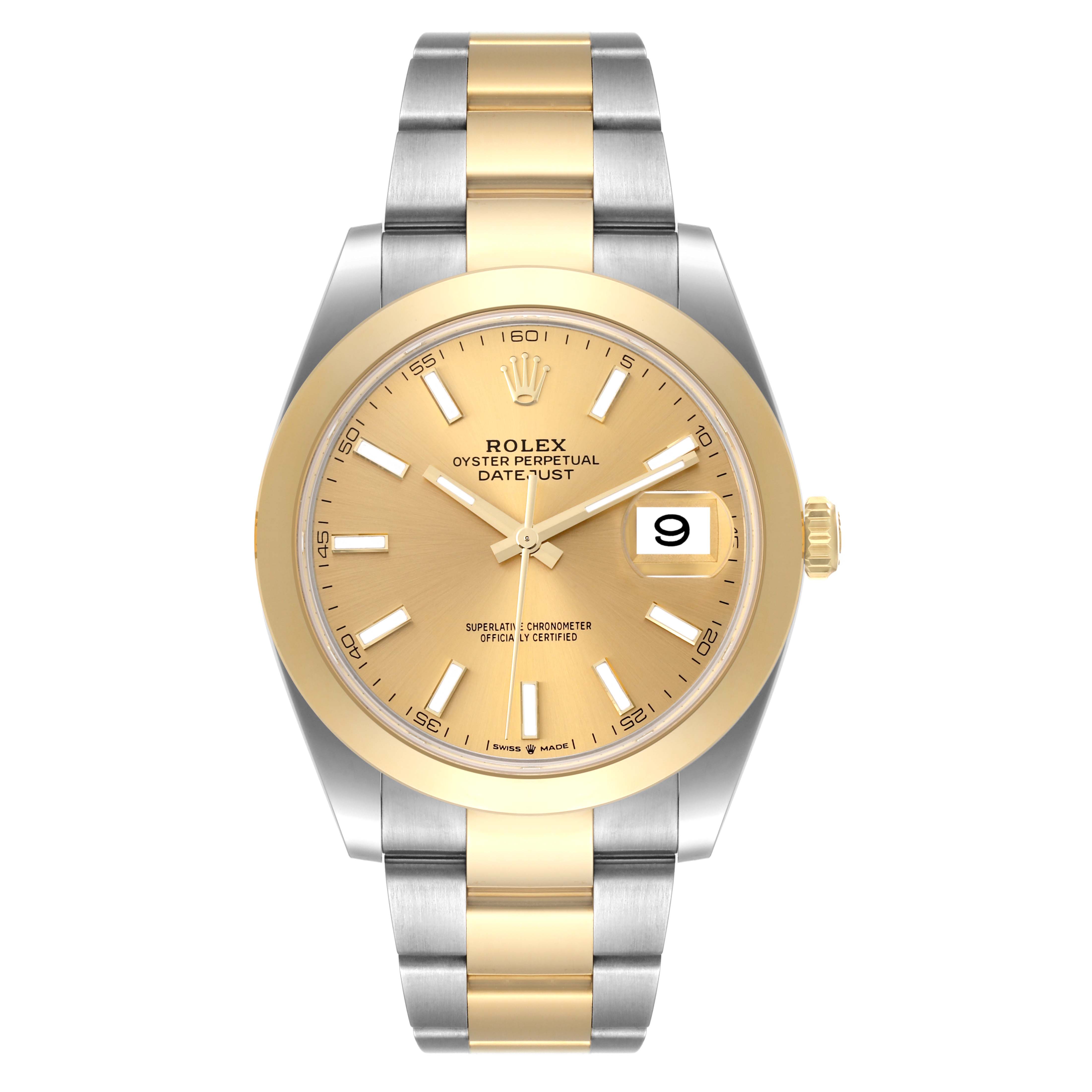 The Rolex Datejust 41 126303 Men's Steel and Gold (two tone) Champagne Dial 126303 Men's Steel and Gold (two tone) Champagne Dial watch is shown from a front view, highlighting its dial, bezel, and bracelet.
