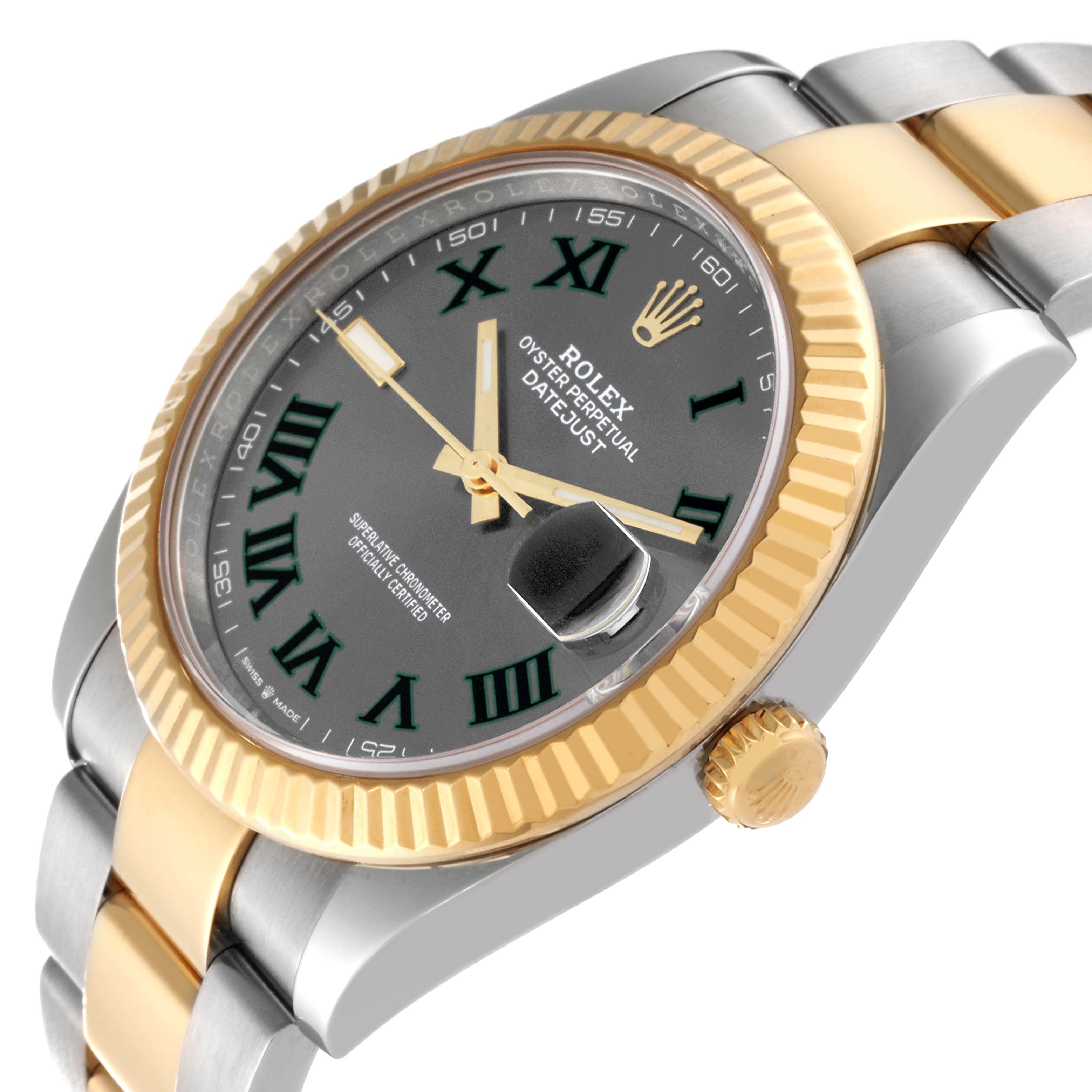 This image shows a Rolex Datejust 41 126333 Men's Steel and Gold (two tone) Grey Dial 126333 Men's Steel and Gold (two tone) Grey Dial from a side angle highlighting its dial, bracelet, and fluted bezel.