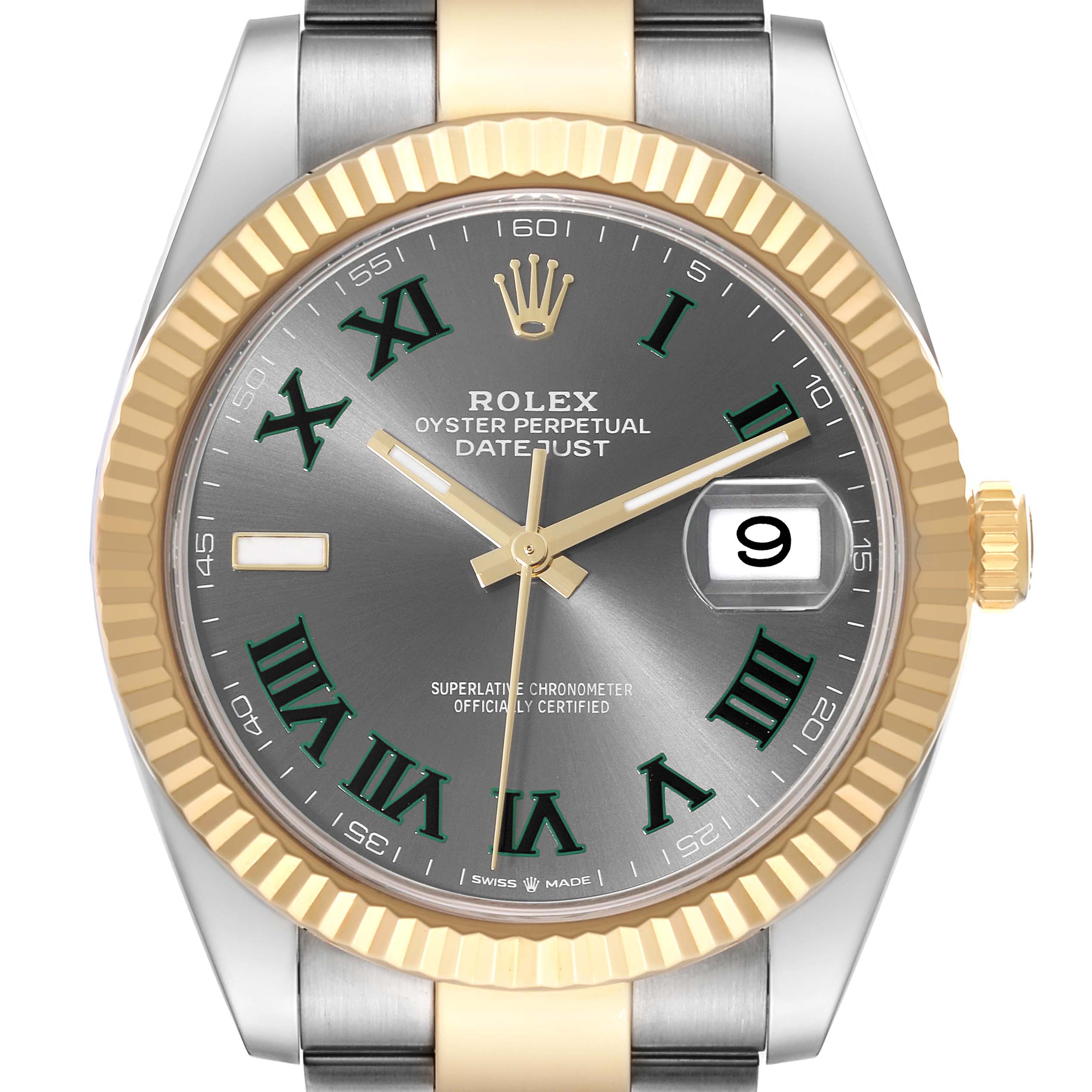 This image shows a close-up front view of a Rolex Datejust 41 126333 Men's Steel and Gold (two tone) Grey Dial 126333 Men's Steel and Gold (two tone) Grey Dial watch, featuring its dial, hands, bezel, and bracelet.