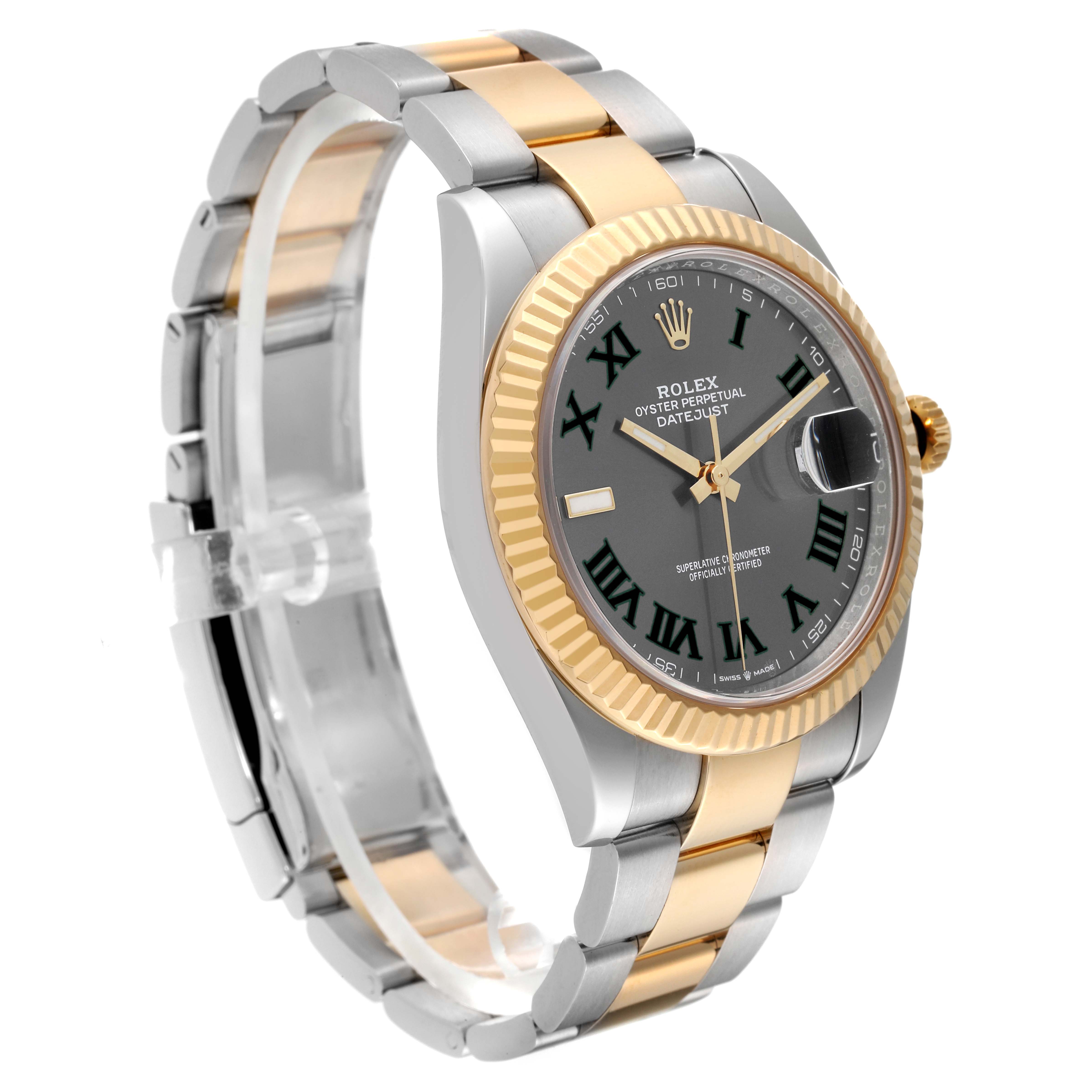This Rolex Datejust 41 126333 Men's Steel and Gold (two tone) Grey Dial 126333 Men's Steel and Gold (two tone) Grey Dial watch is shown at a three-quarter angle, displaying its two-tone bracelet, fluted bezel, and black dial with Roman numerals.