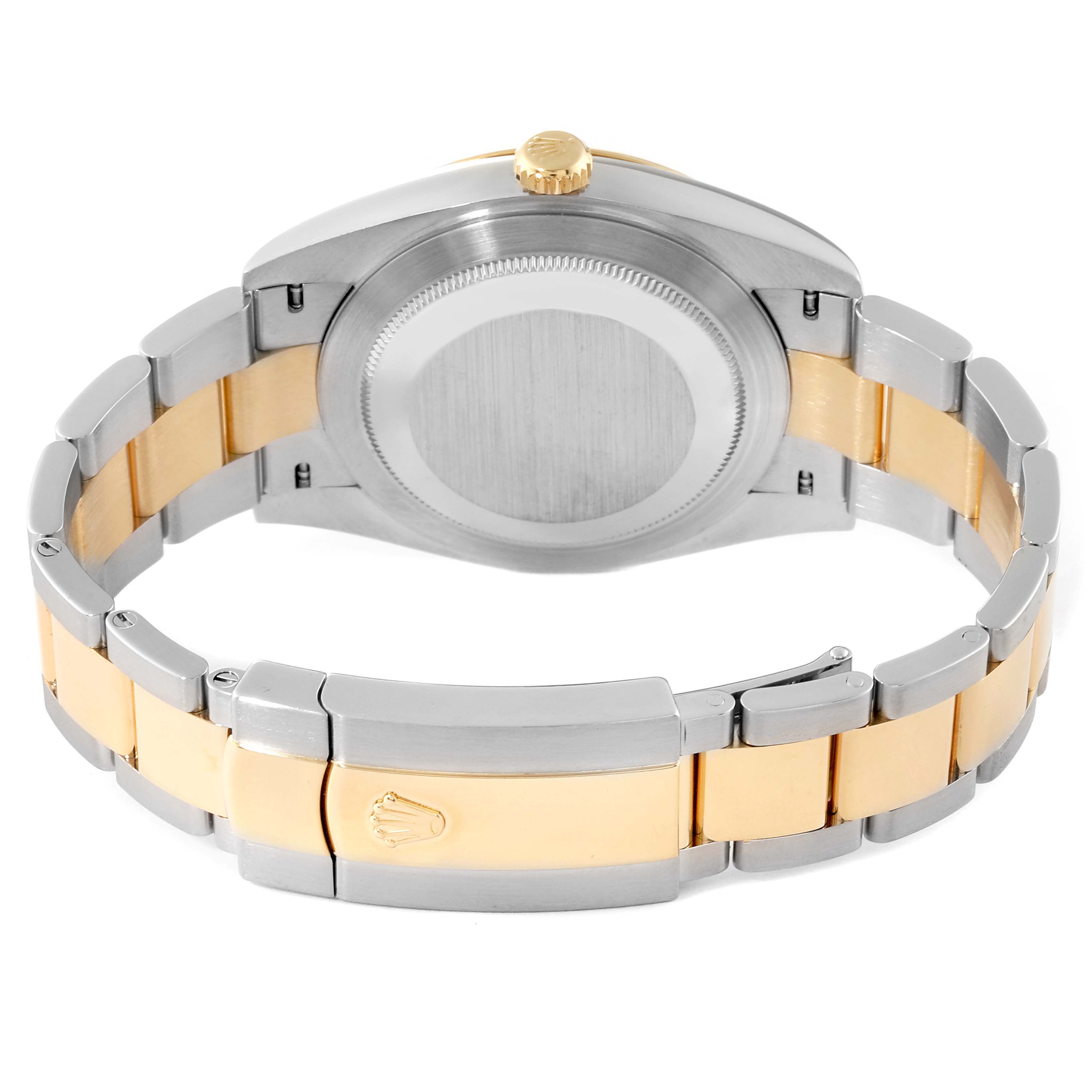 The image shows the back view of a Rolex Datejust 41 126333 Men's Steel and Gold (two tone) Grey Dial 126333 Men's Steel and Gold (two tone) Grey Dial watch, highlighting the case back and bracelet with a clasp.
