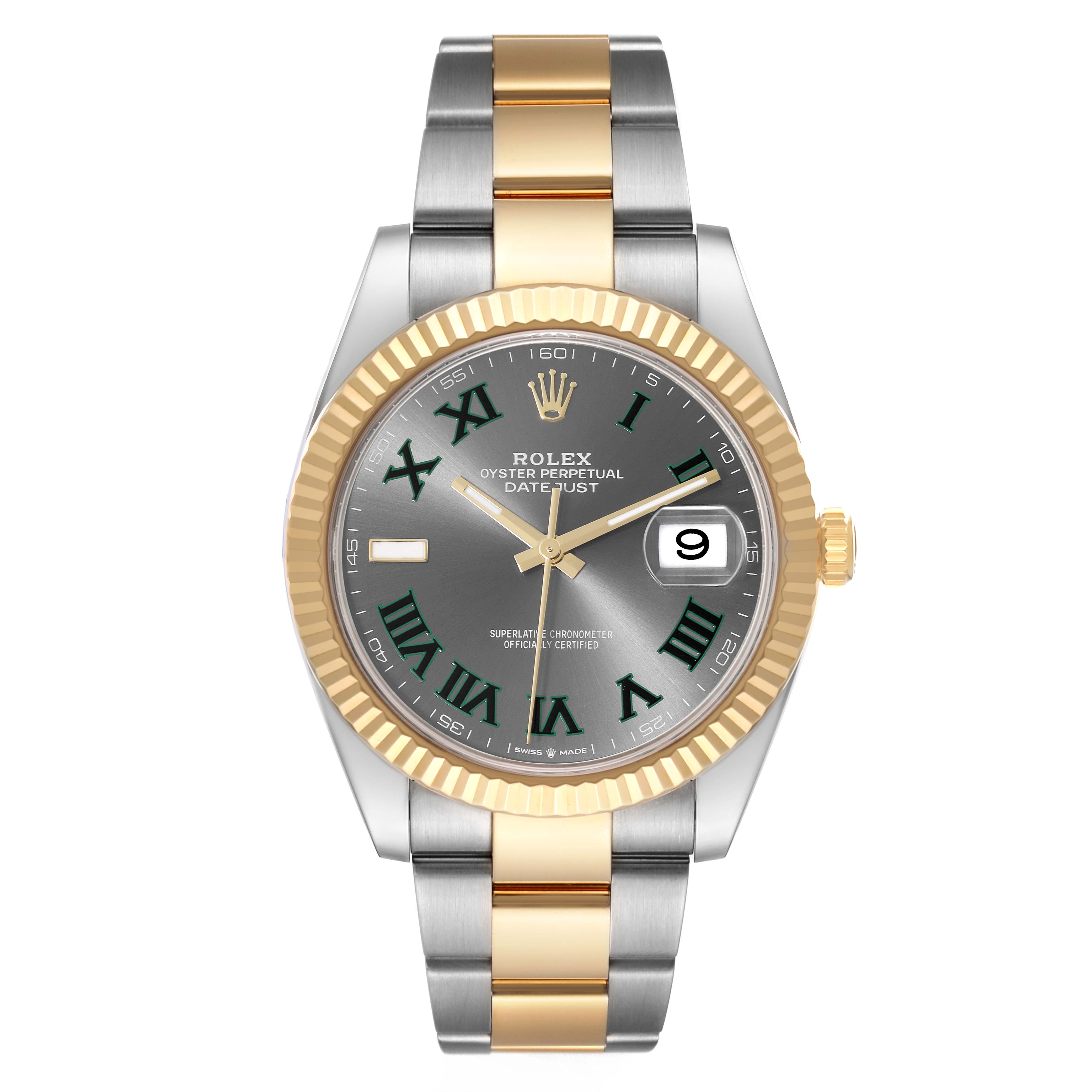 The image shows a Rolex Datejust 41 126333 Men's Steel and Gold (two tone) Grey Dial 126333 Men's Steel and Gold (two tone) Grey Dial watch, featuring a grey dial, two-tone bracelet, gold fluted bezel, and a date display at 3 o'clock.