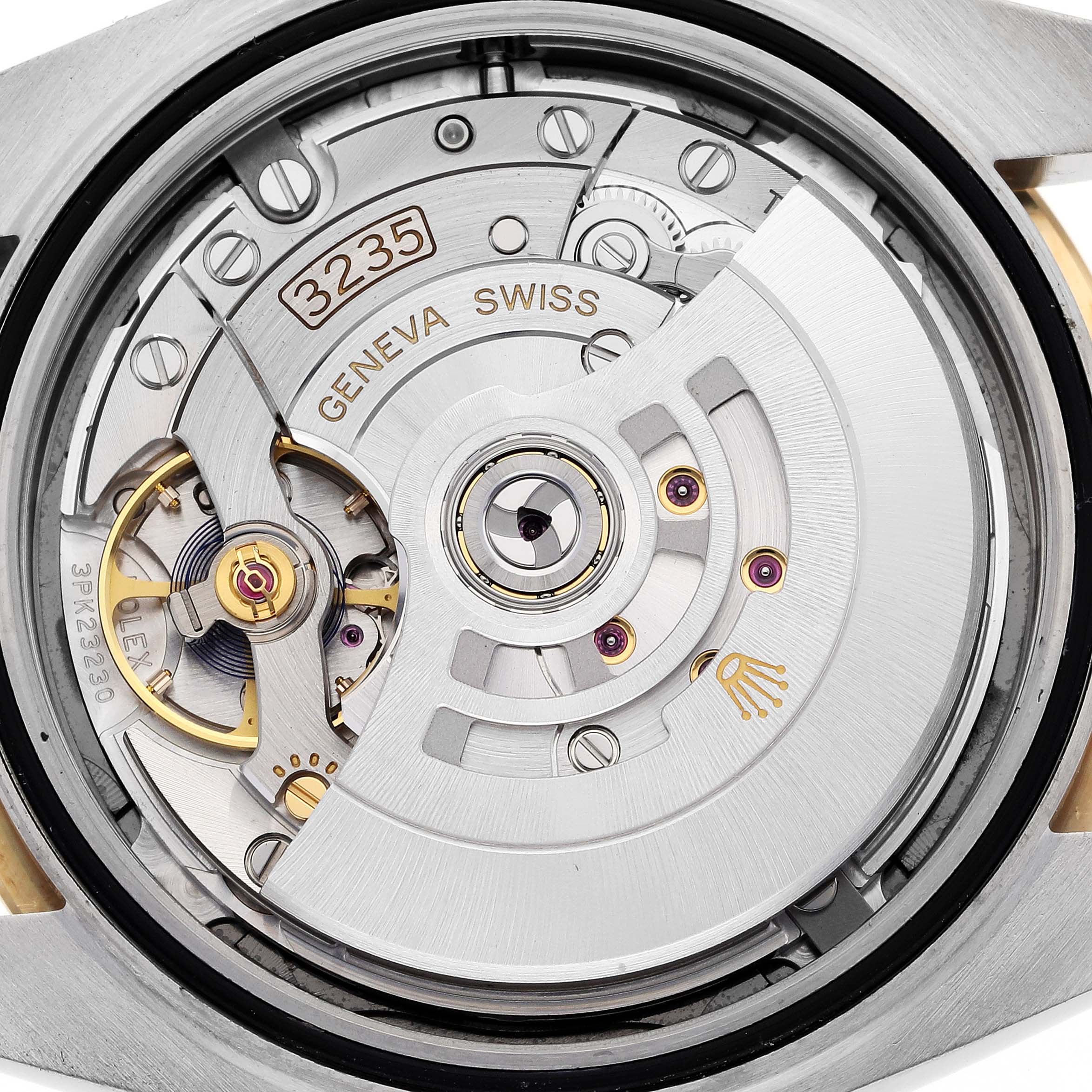 This image shows a close-up of the movement parts of a Rolex Datejust 41 126333 Men's Steel and Gold (two tone) Grey Dial 126333 Men's Steel and Gold (two tone) Grey Dial, model 3235, showcasing the intricate internal mechanisms and details.