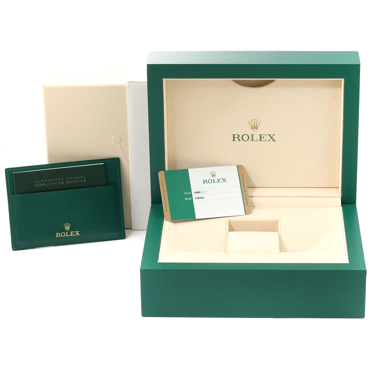This image shows the packaging and accessories, including the box and warranty card, of a Rolex Datejust 41 126333 Men's Steel and Gold (two tone) Grey Dial 126333 Men's Steel and Gold (two tone) Grey Dial model.