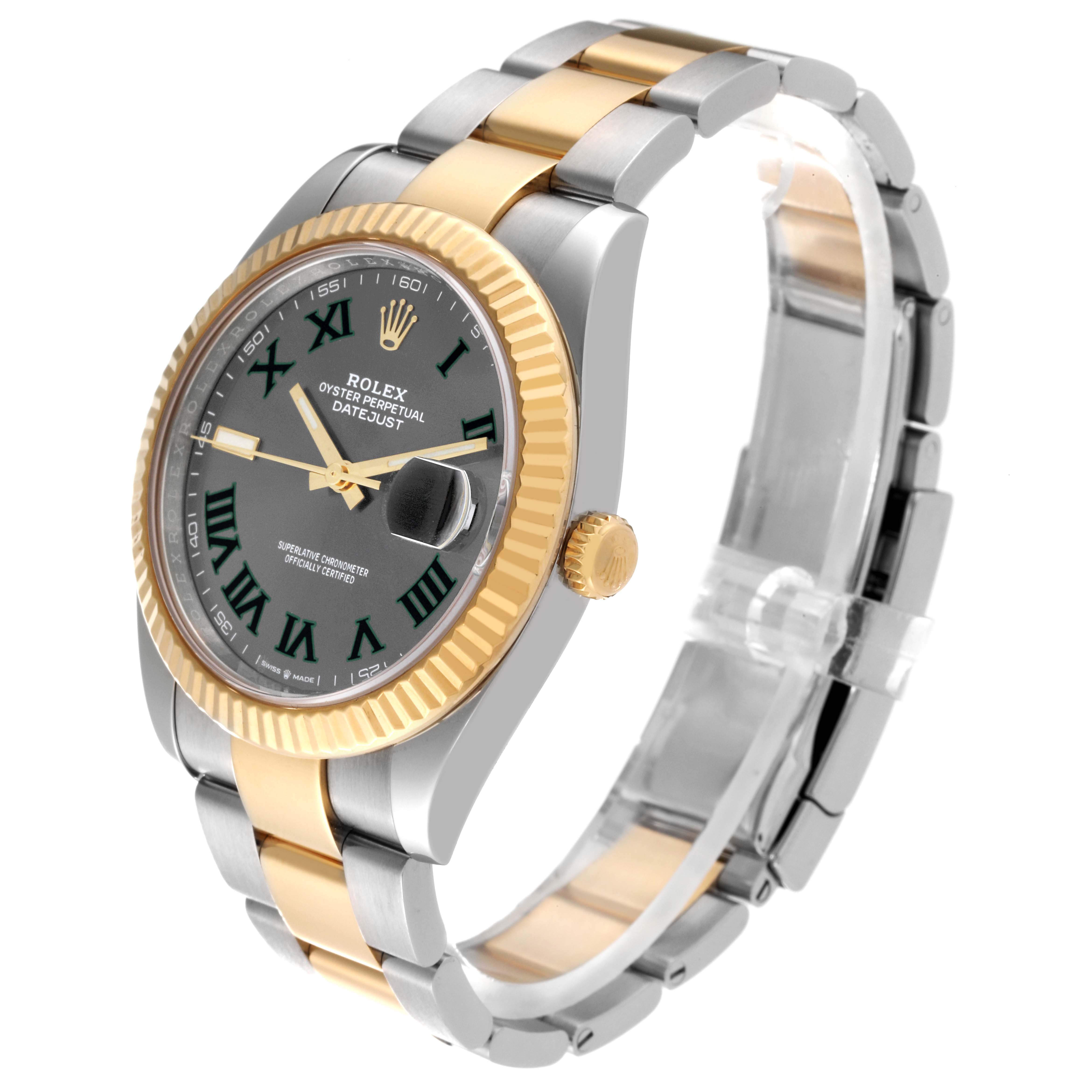 This image shows a Rolex Datejust 41 126333 Men's Steel and Gold (two tone) Grey Dial 126333 Men's Steel and Gold (two tone) Grey Dial model from an angled side view, highlighting its two-tone bracelet, fluted bezel, and dial.