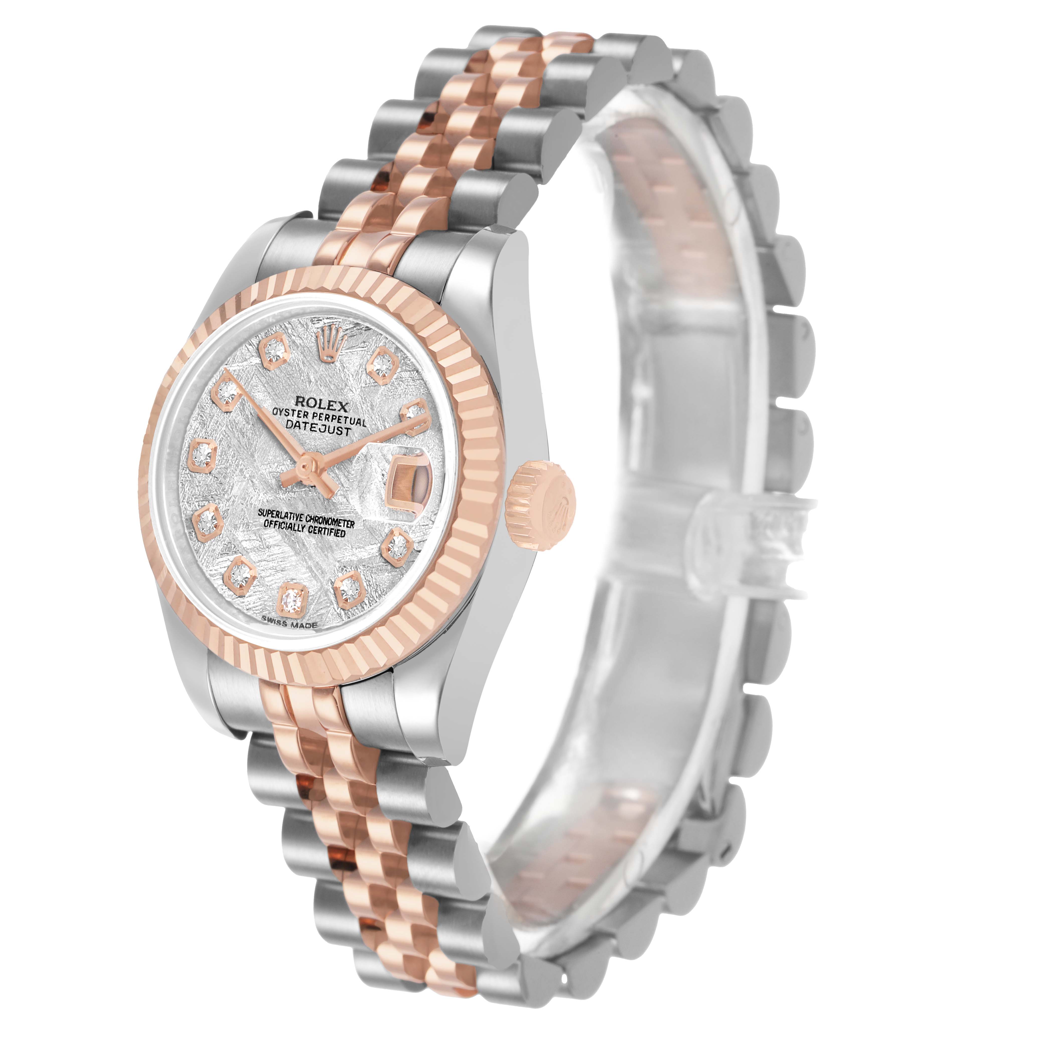 The Rolex Datejust 179171 Women's Steel and Gold (two tone) Silver Dial watch is shown at a three-quarter angle, displaying the dial, bezel, case, crown, and bracelet.