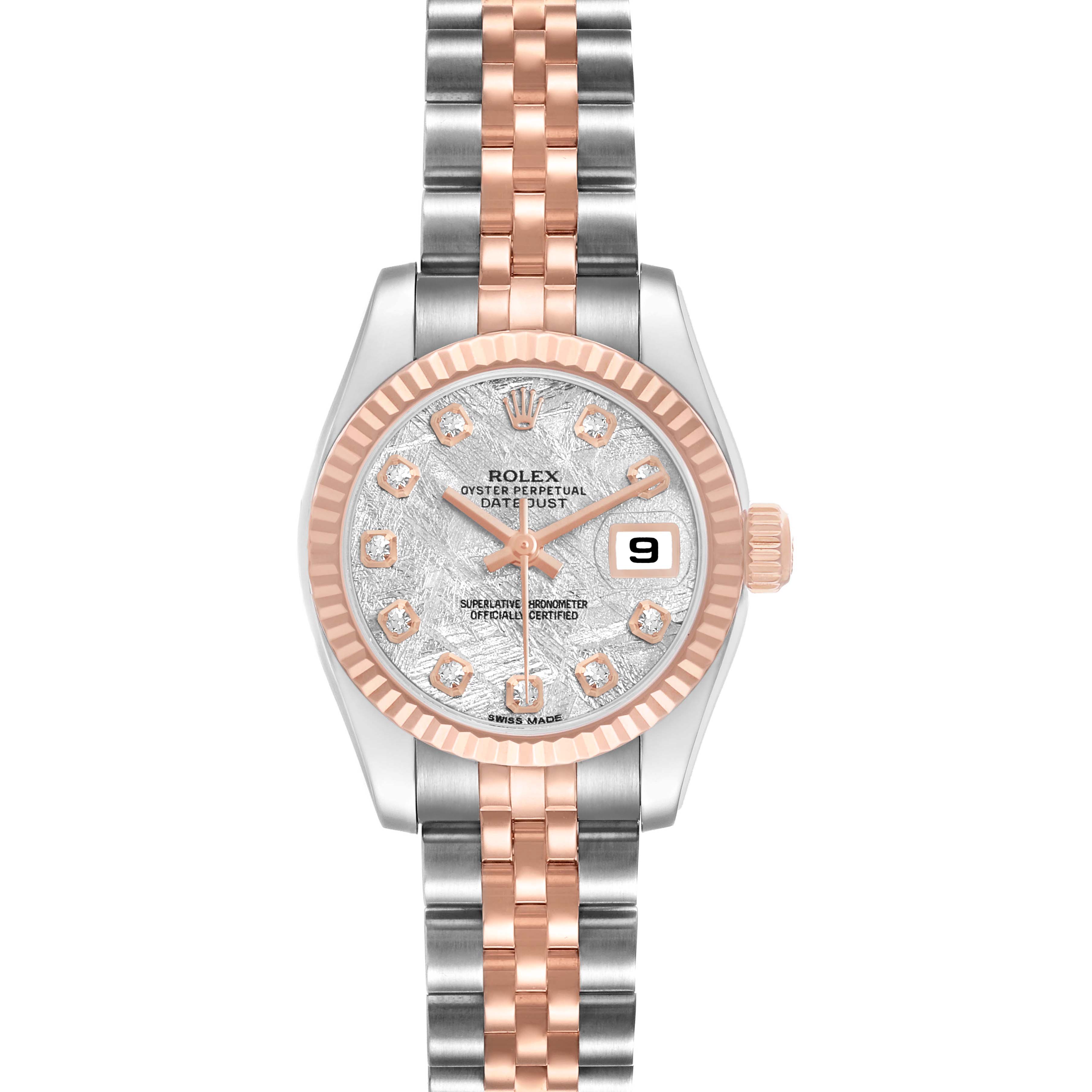 The Rolex Datejust 179171 Women's Steel and Gold (two tone) Silver Dial is shown from a top view, displaying the dial, bezel, and two-tone bracelet.