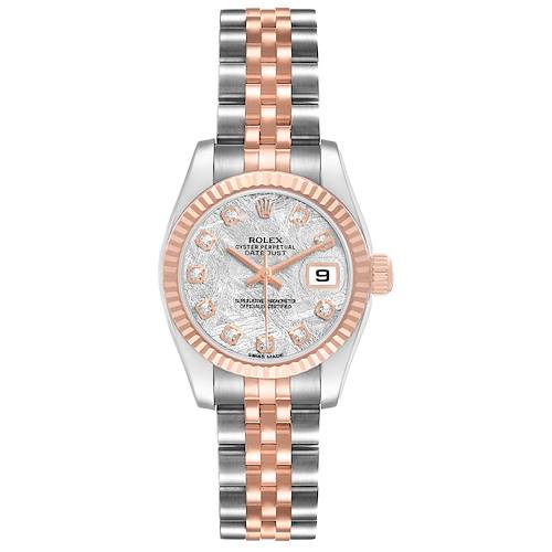 The image shows a frontal view of a Rolex Datejust 179171 Women's Steel and Gold (two tone) Silver Dial watch, highlighting the dial, bezel, and two-tone bracelet.