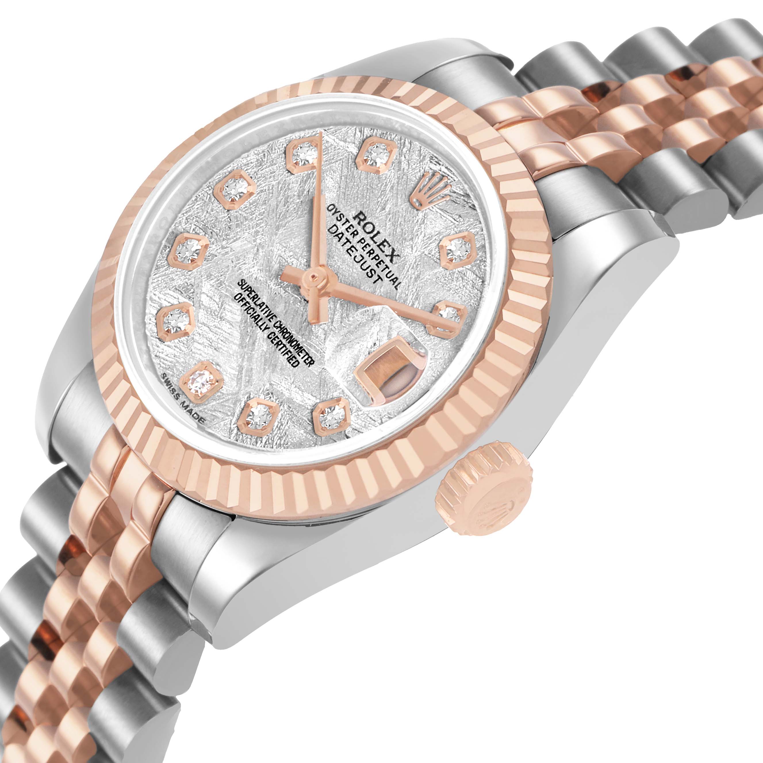The Rolex Datejust 179171 Women's Steel and Gold (two tone) Silver Dial watch is shown from an angled side view, highlighting the dial, bezel, crown, and part of the two-tone Jubilee bracelet.