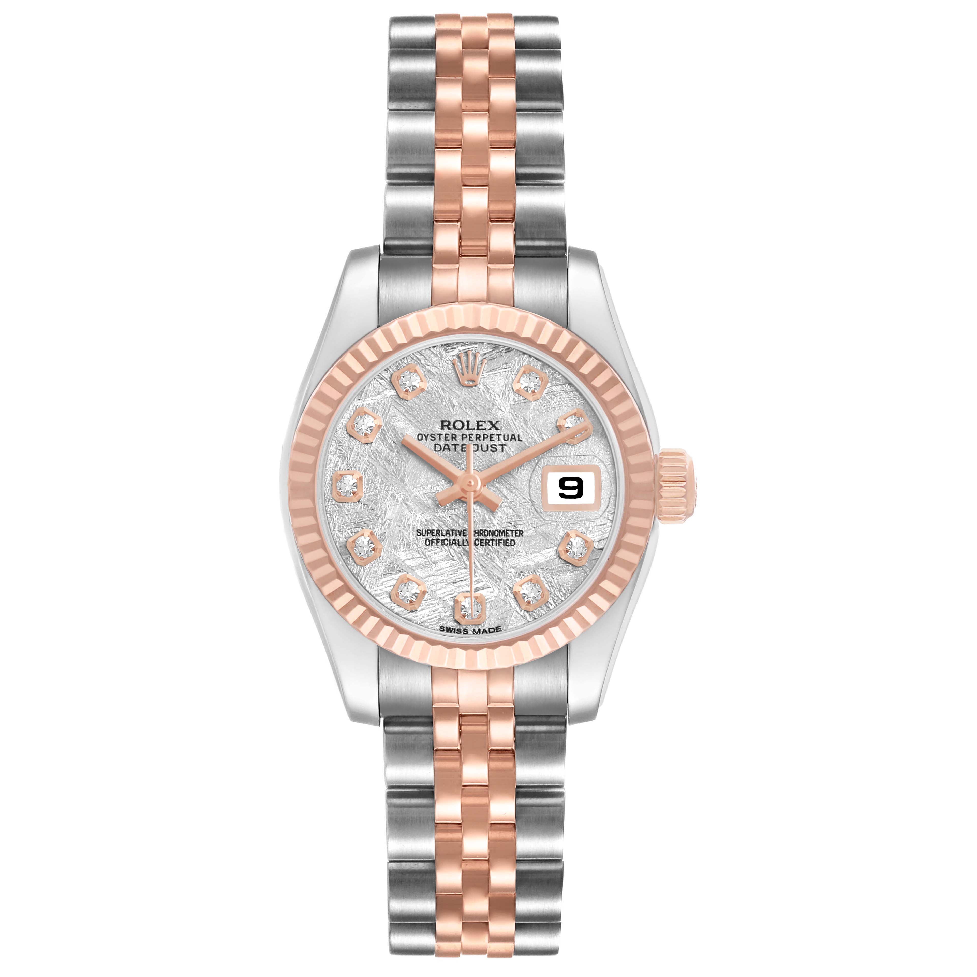 The Rolex Datejust 179171 Women's Steel and Gold (two tone) Silver Dial watch is shown from the front, displaying the face, bezel, and bracelet.