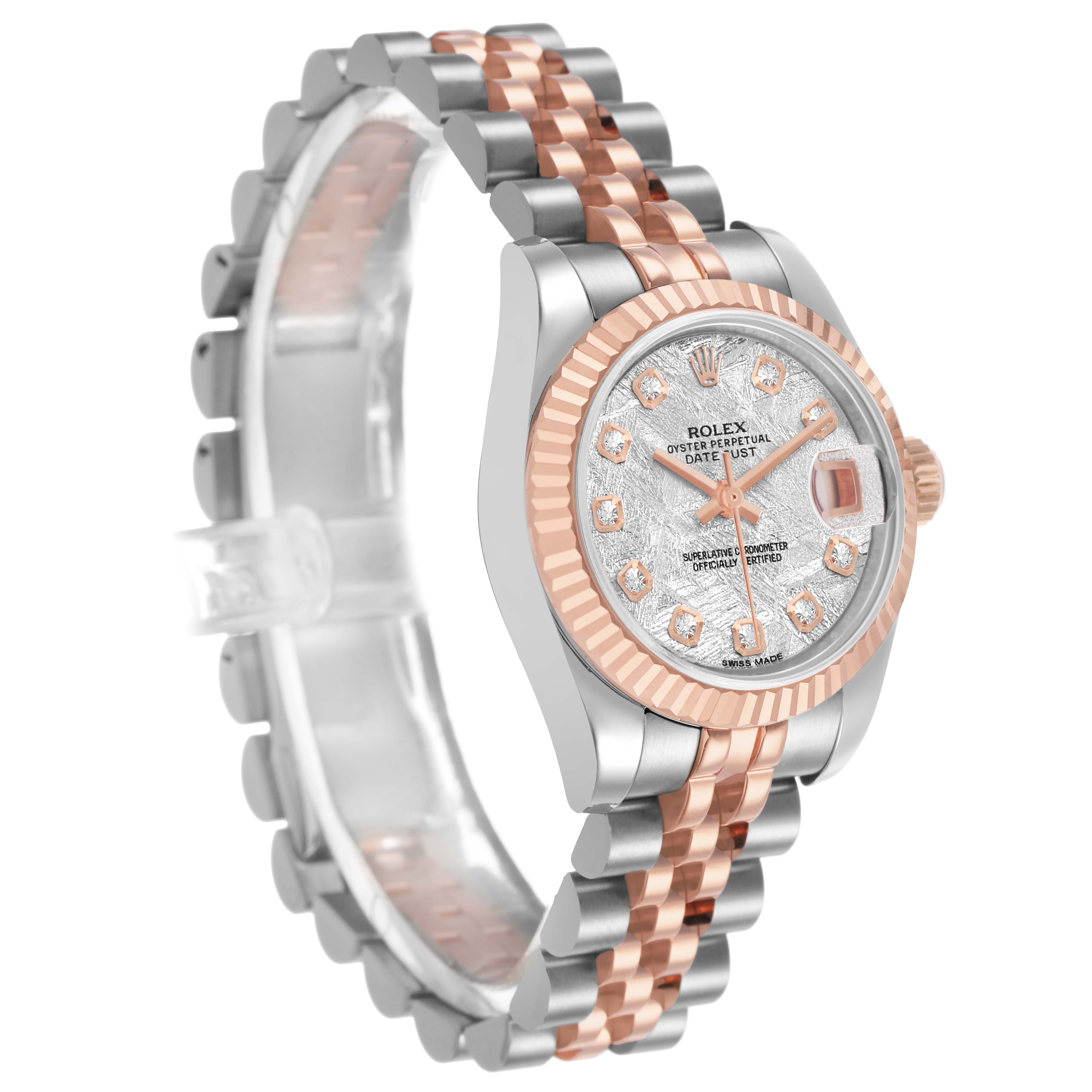 The Rolex Datejust 179171 Women's Steel and Gold (two tone) Silver Dial watch is shown at a three-quarter angle, highlighting its two-tone bracelet and fluted bezel.