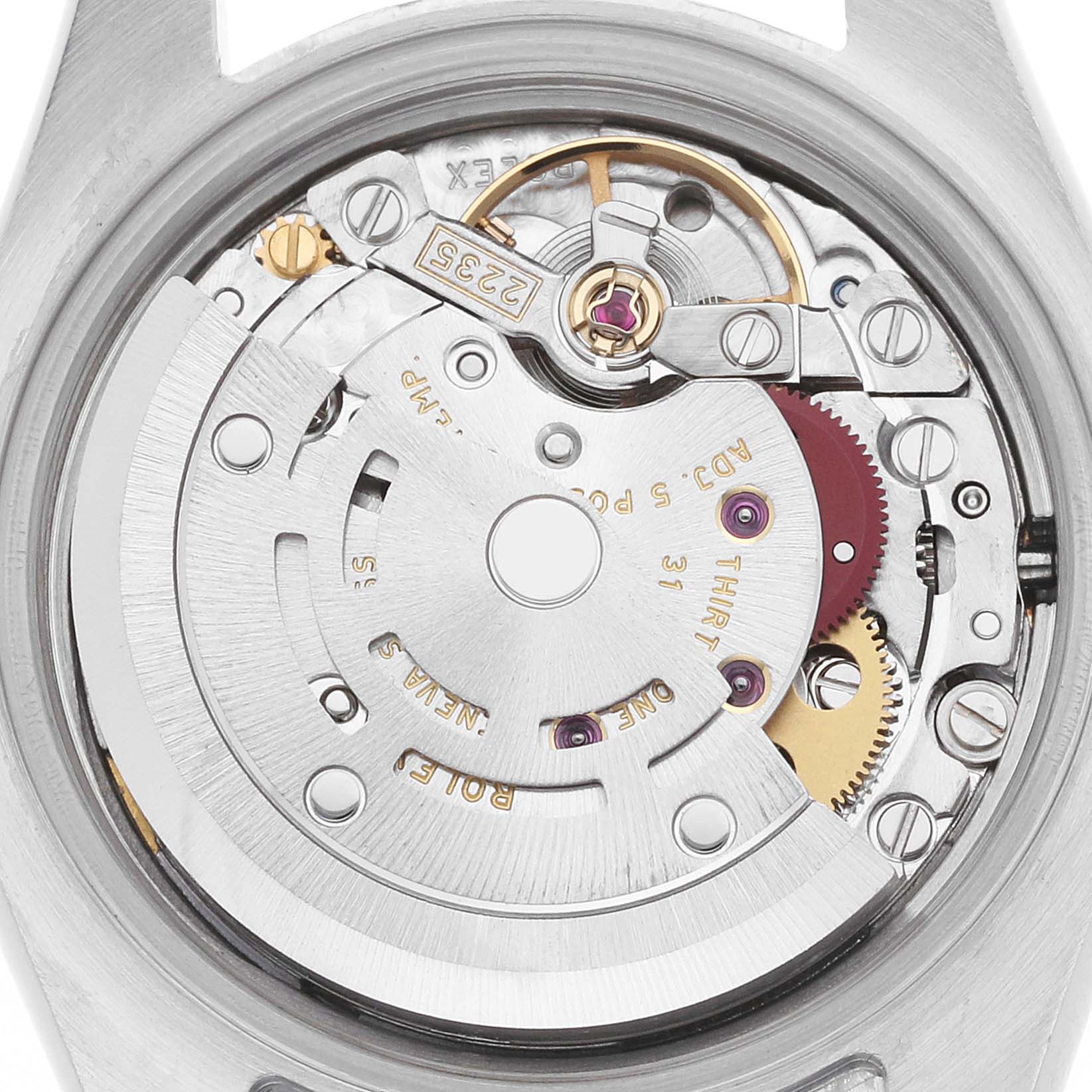 The image shows the inner mechanical movement of a Rolex Datejust 179161 Women
s Steel and Gold (two tone) Pink Dial watch from a top-down angle.