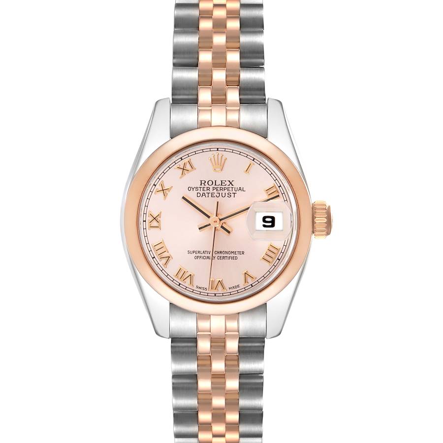 The Rolex Datejust 179161 Women's Steel and Gold (two tone) Pink Dial watch is shown from the front, displaying the dial, bezel, crown, and part of the bracelet.