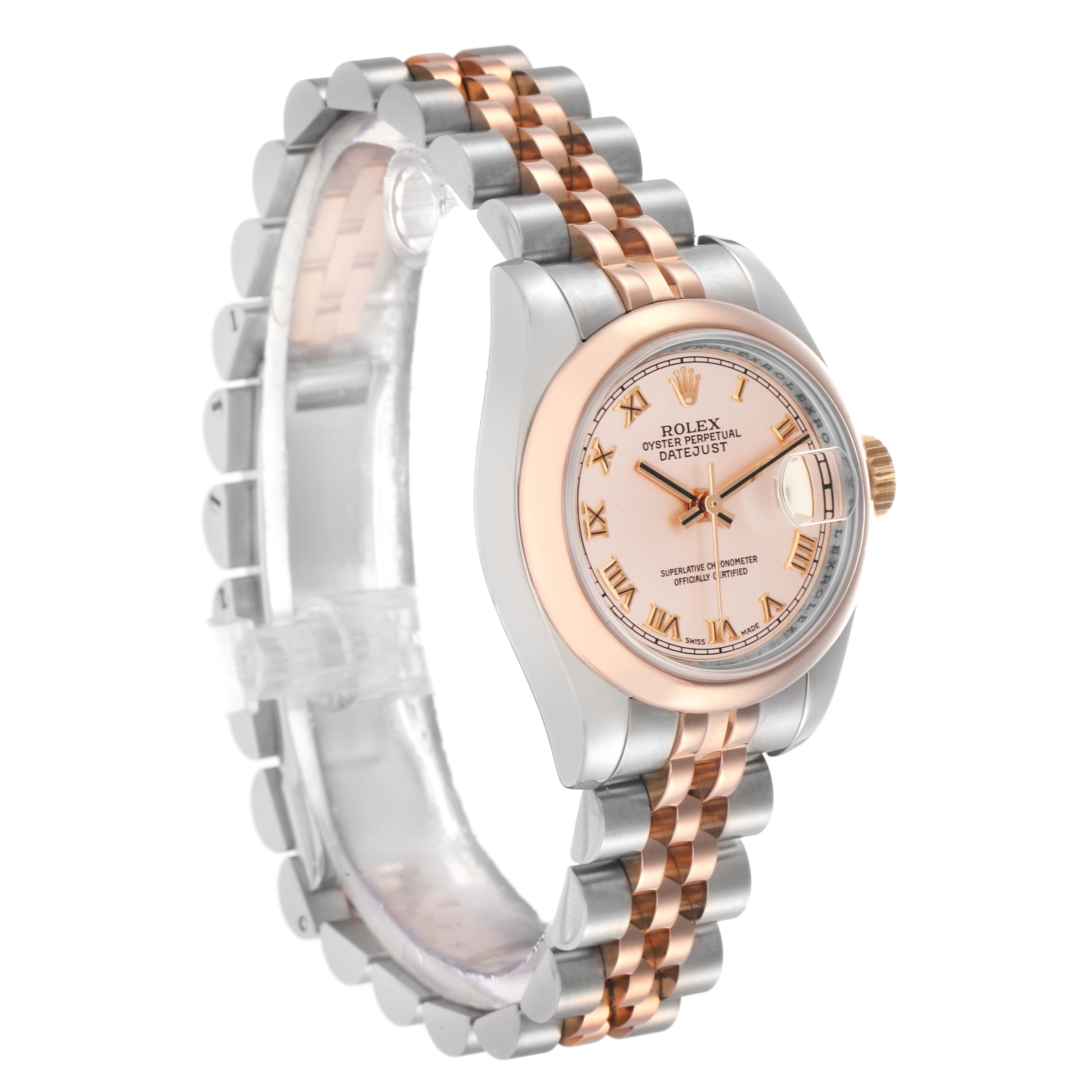 The Rolex Datejust 179161 Women
s Steel and Gold (two tone) Pink Dial watch is shown at an angle highlighting the face, bezel, and bracelet, featuring gold and silver tones.